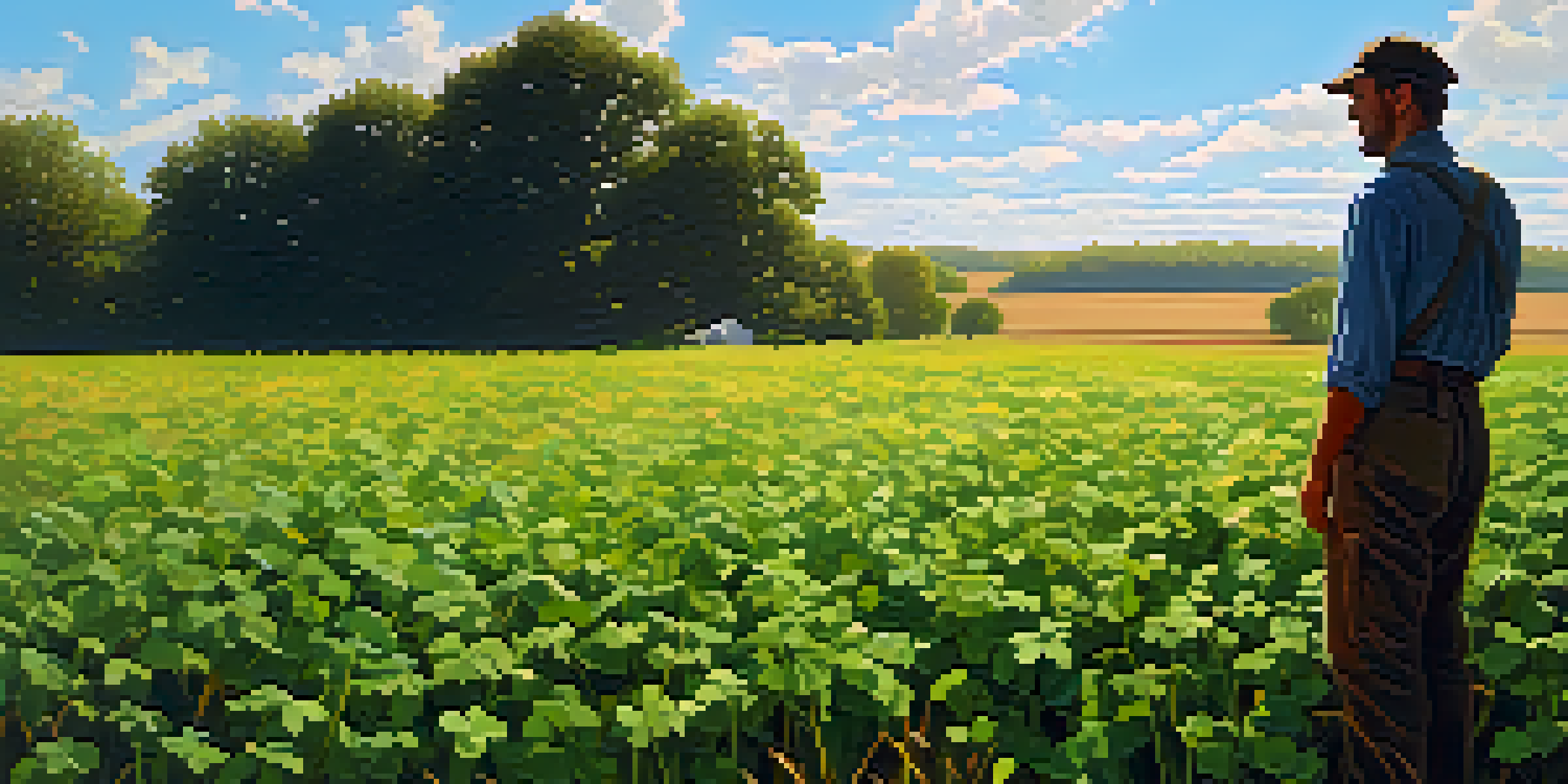 A farmer standing in a vibrant field of green clover and golden rye cover crops under a clear blue sky, with sunlight casting shadows on the soil.