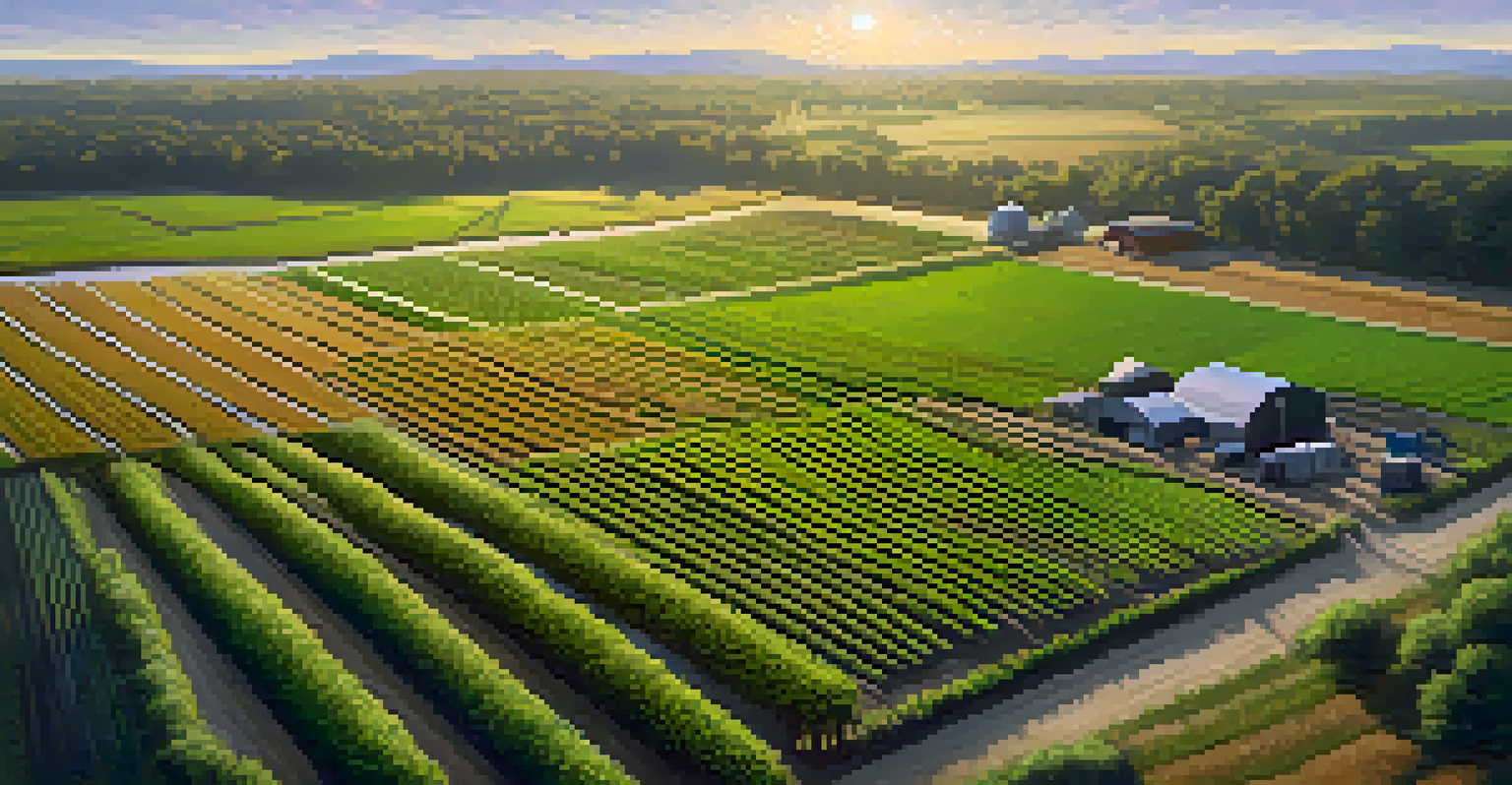 An aerial perspective of a sustainable biofuel farm showcasing organized crop rows, natural vegetation, and a healthy ecosystem under soft sunlight.