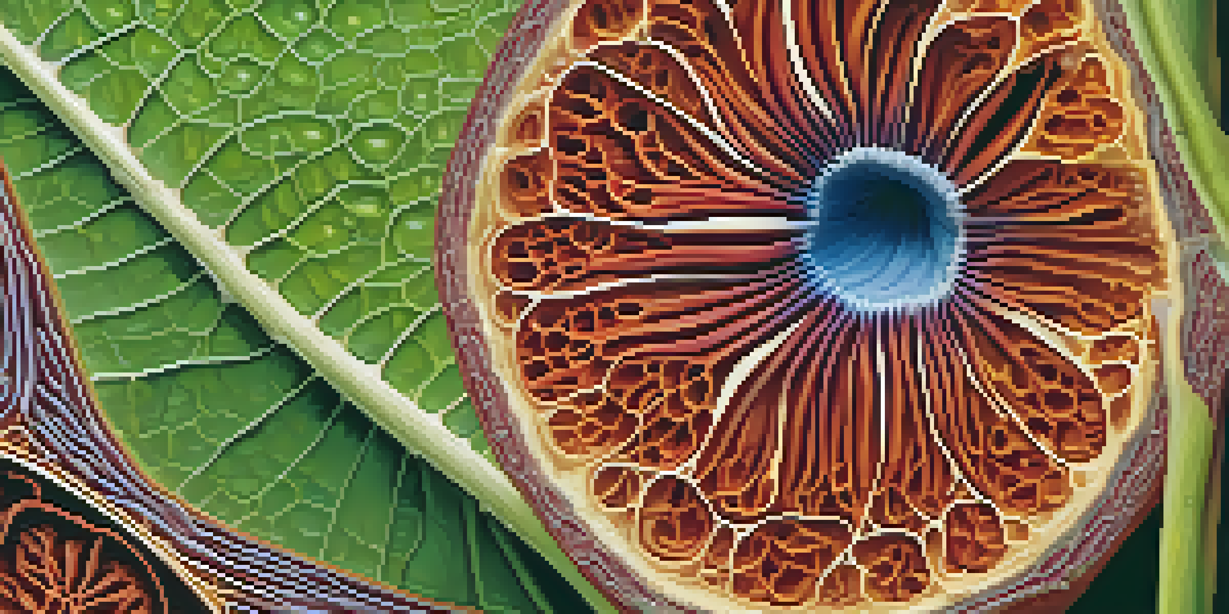 A detailed cross-section of a plant stem showing its layers including the epidermis, cortex, xylem, and phloem, with vibrant colors and textures under soft lighting.