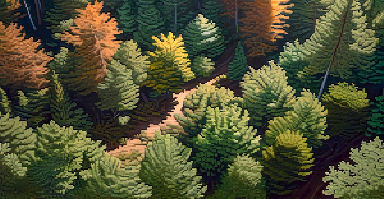 An overhead view of a diverse forest with layers of trees, shrubs, and ground cover under sunlight.