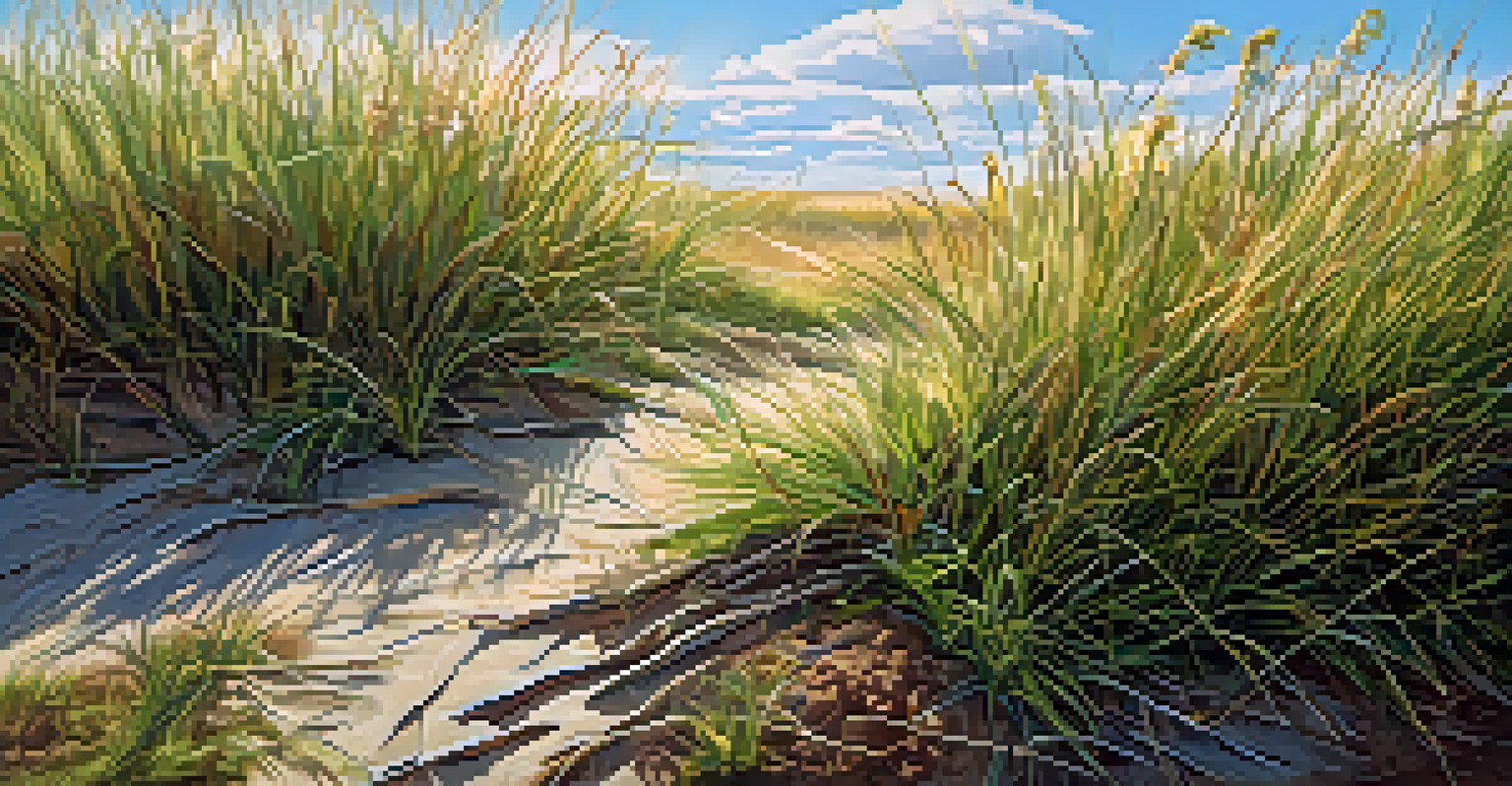A detailed view of a grassland with various grasses and wildflowers, under a clear blue sky.