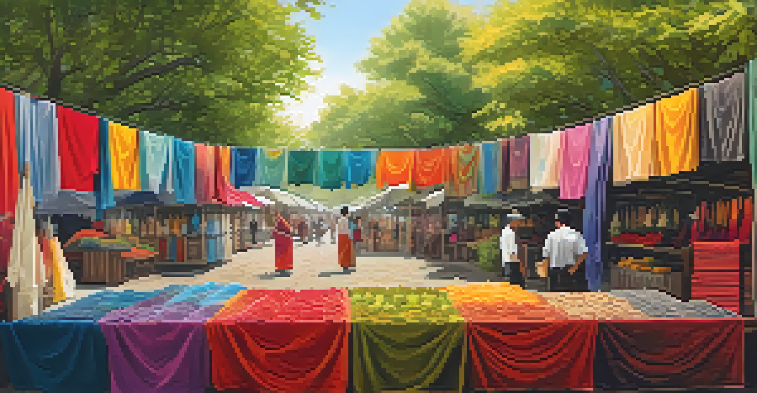An outdoor market displaying vibrant textiles dyed with plant-based colors, with shoppers and vendors interacting amidst a natural setting.
