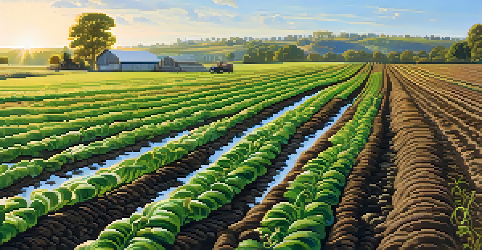 A picturesque farm with healthy crops and enriched soil in the foreground, under a bright blue sky.