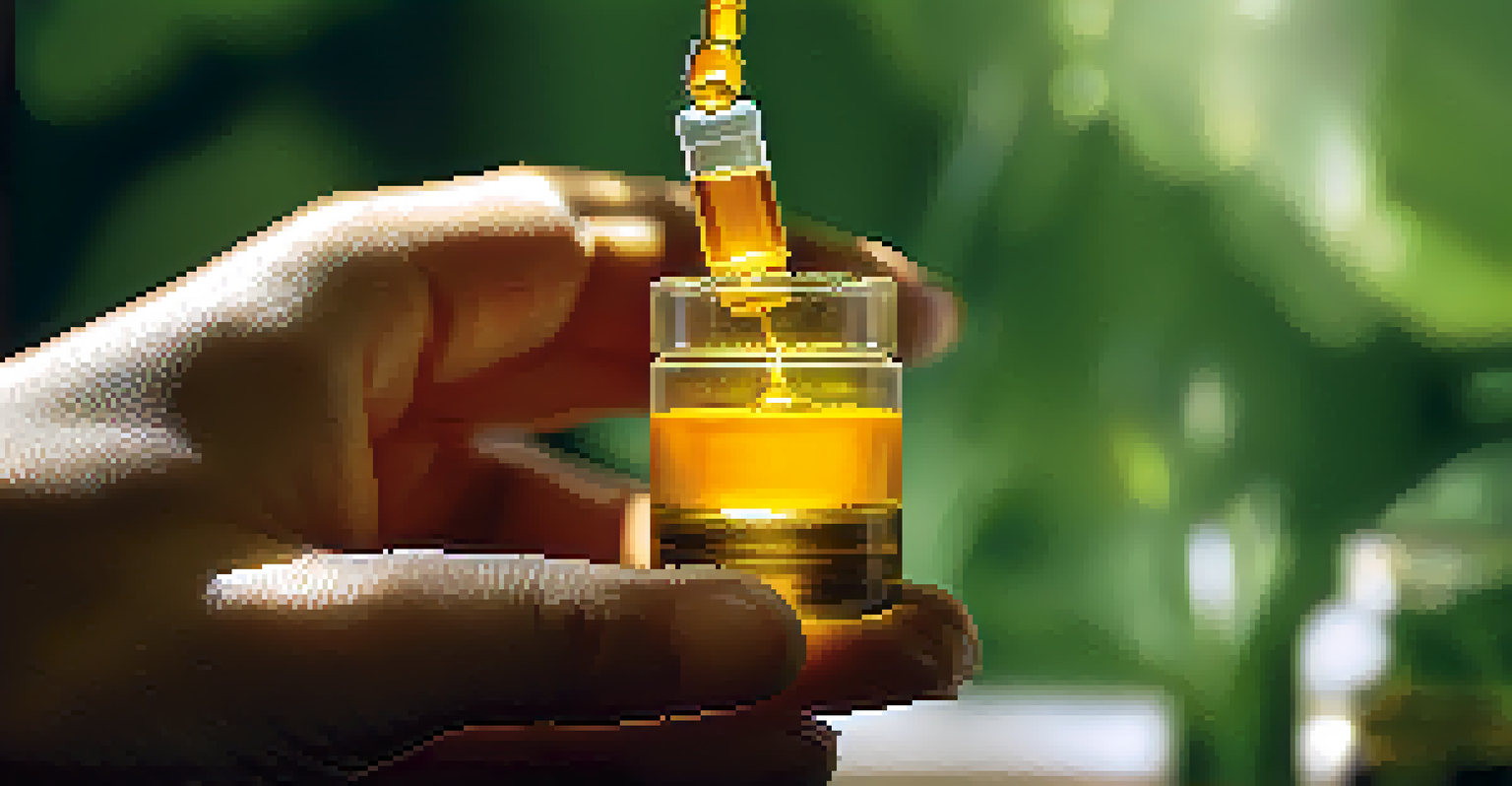 A close-up of a hand using a dropper over a vial of turmeric extract, with green plants in the background.