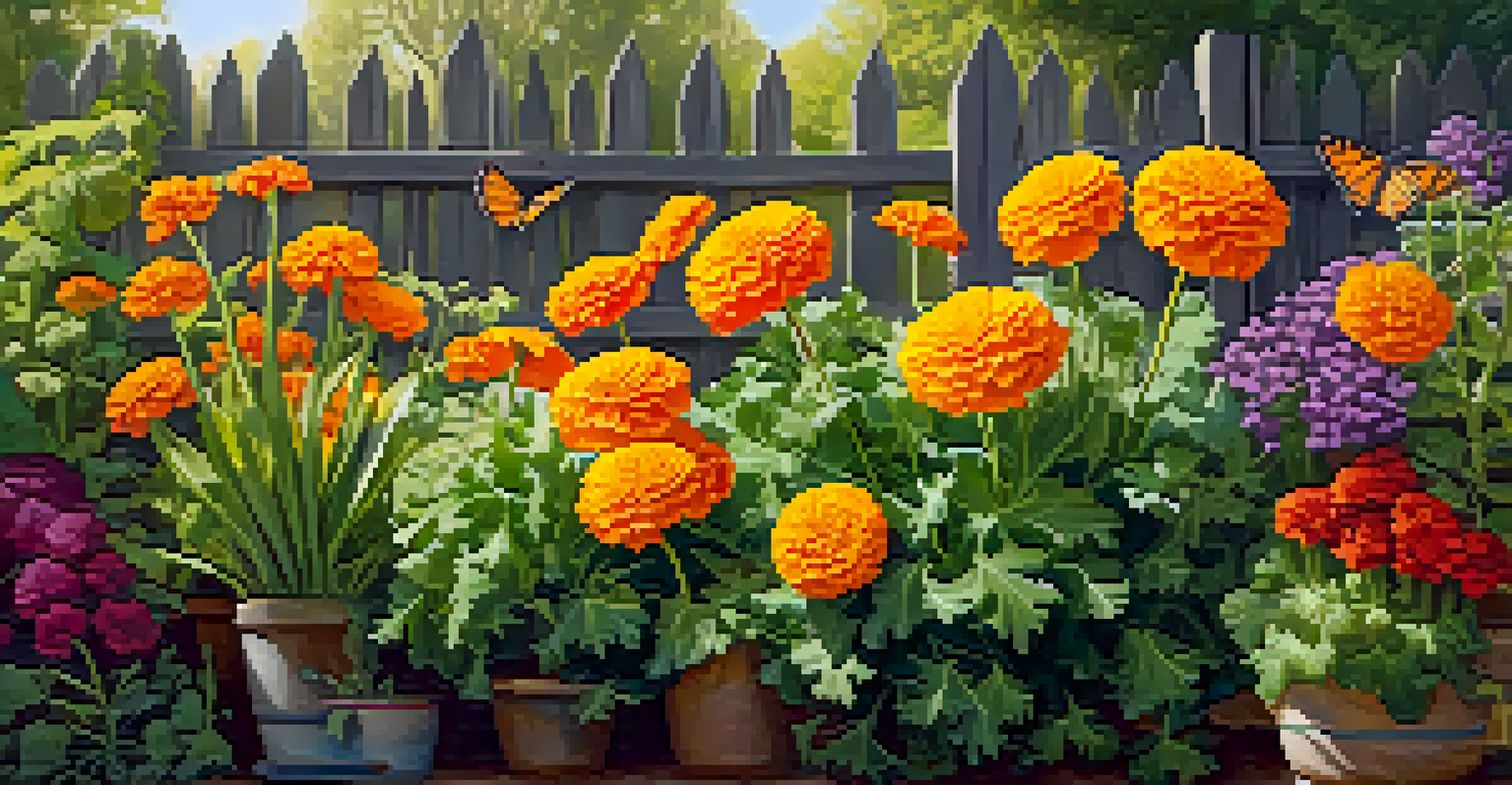 A colorful garden filled with flowers and vegetables under soft morning light, with butterflies flying around.