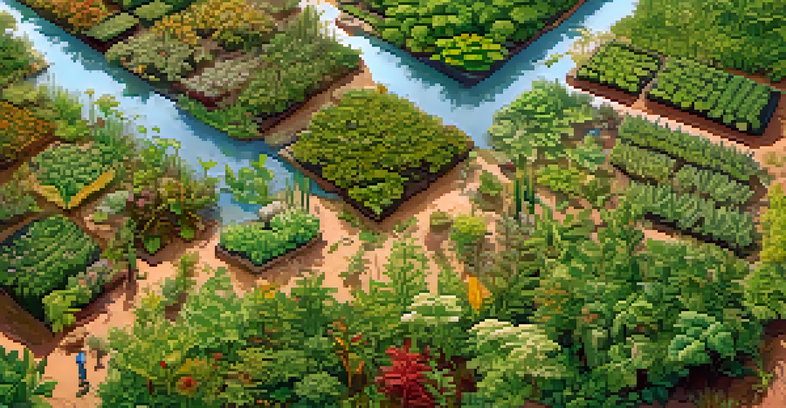 Aerial view of a diverse plant community showing areas of grazing impact, with various plant colors and textures under a bright sky.