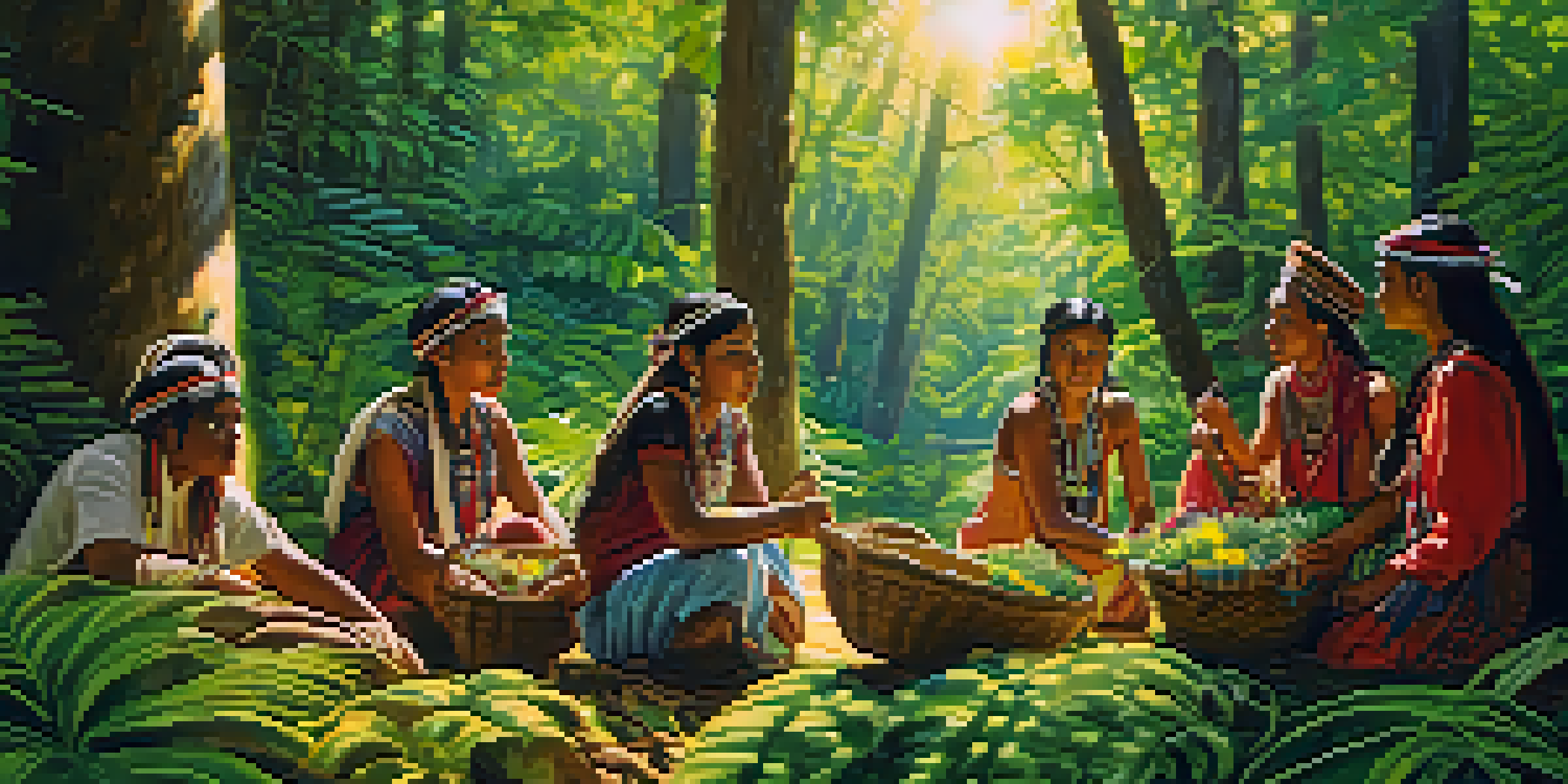 Indigenous people foraging for wild plants in a vibrant green forest, showcasing cultural heritage and connection to nature.