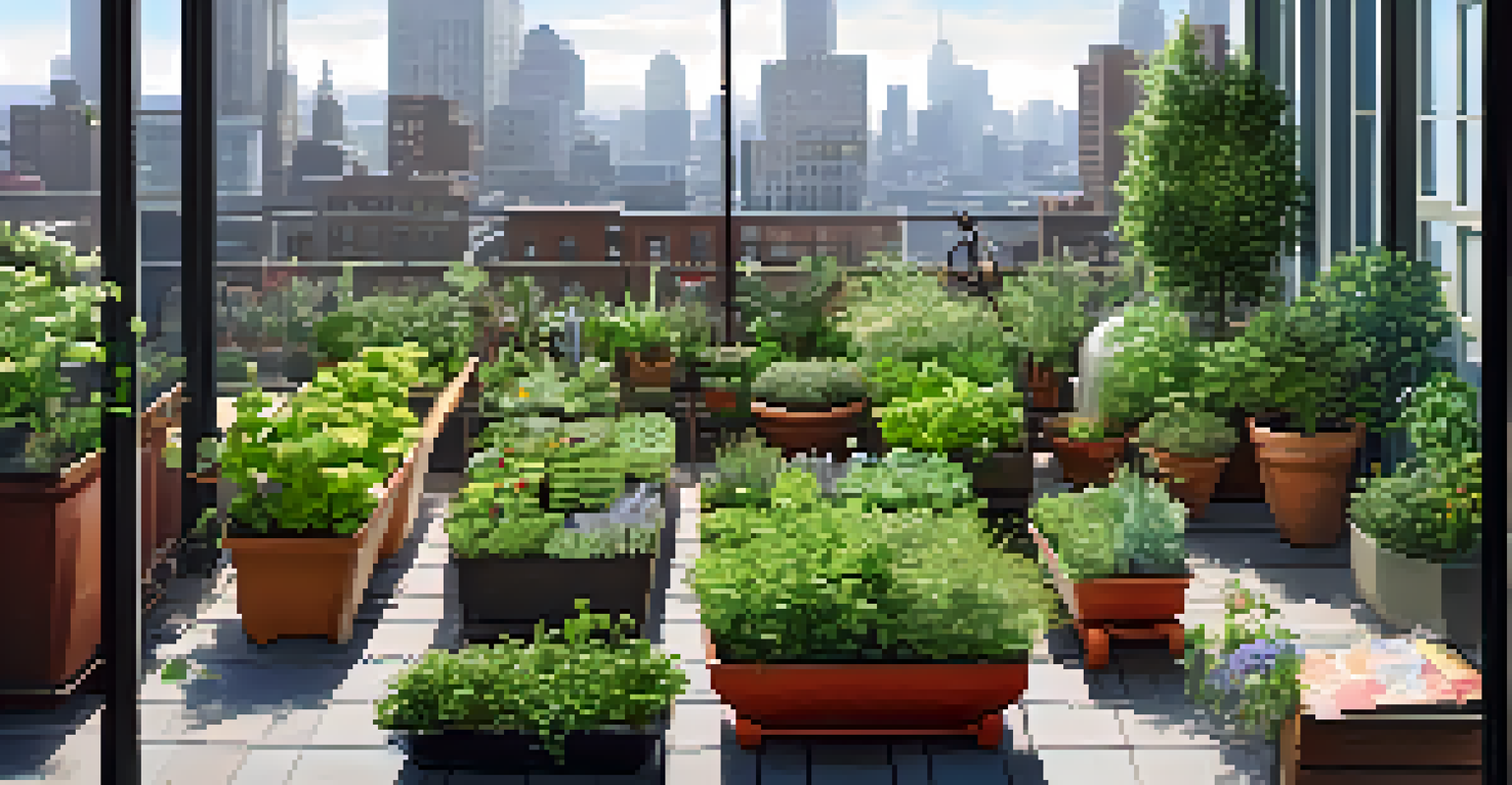 A rooftop garden with vertical planters and a view of the city skyline, showcasing various herbs and vegetables.