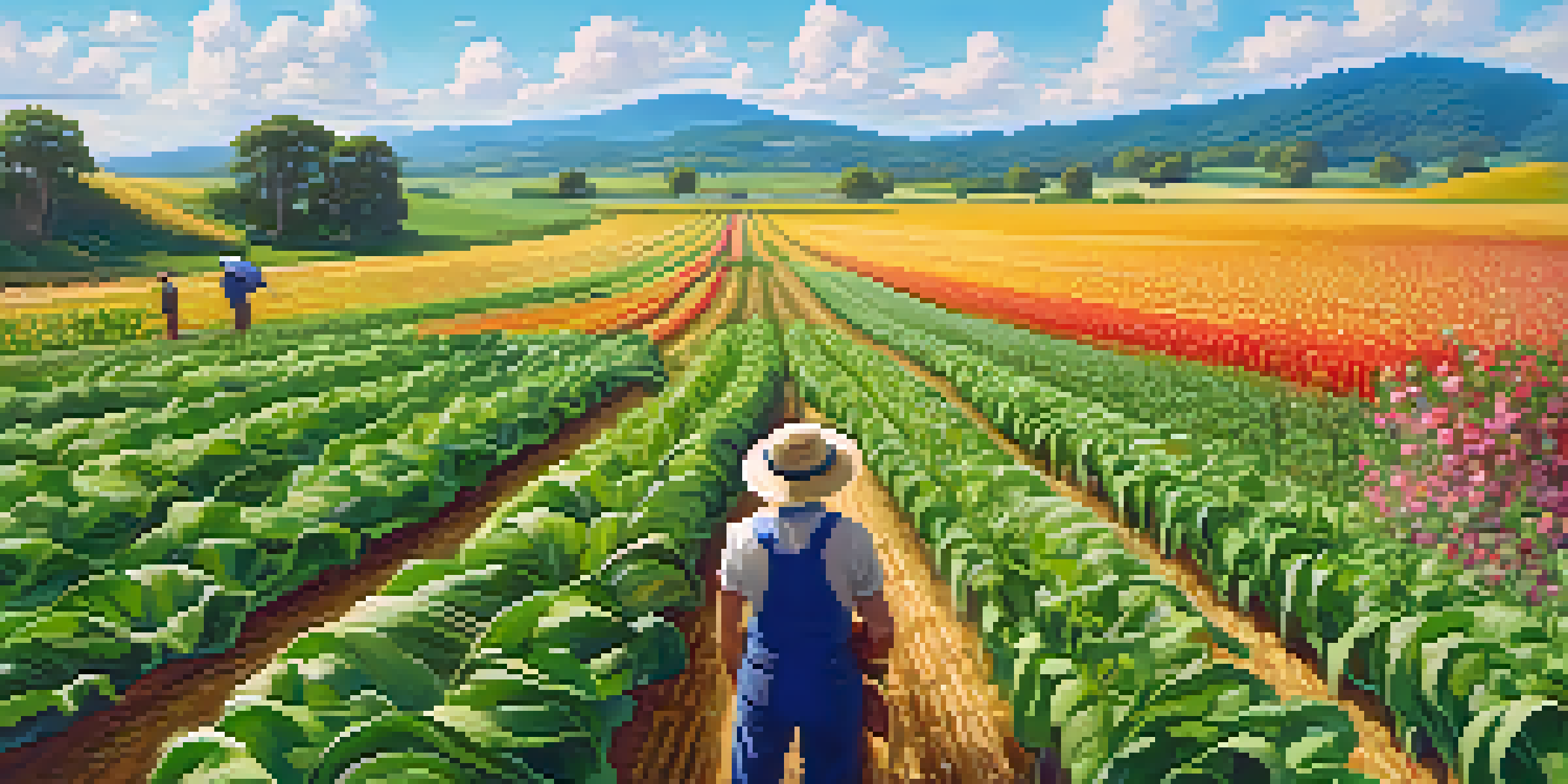 A farmer inspects a diverse agricultural field with various crops under a clear blue sky, symbolizing adaptation to climate change.