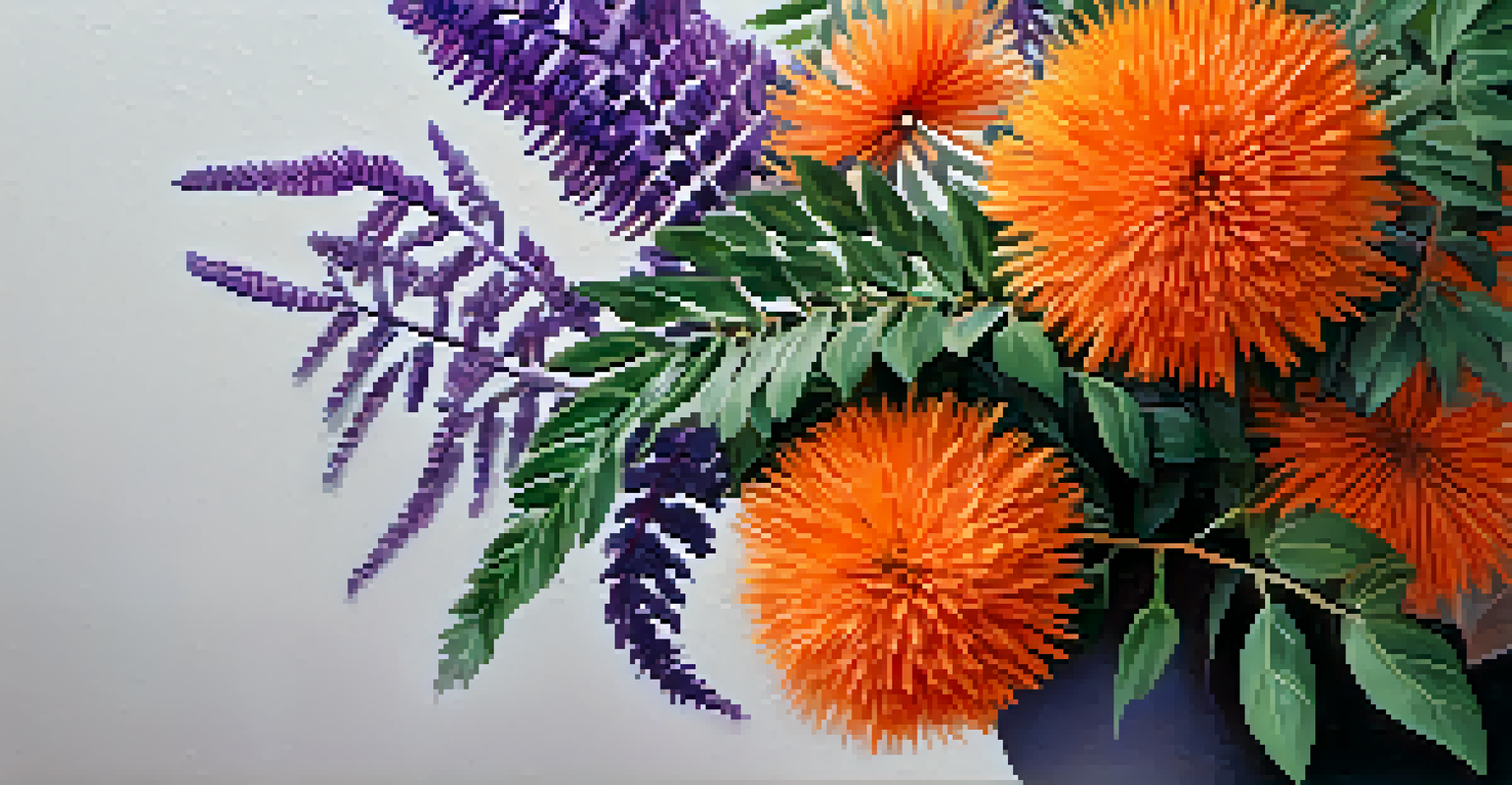 A close-up of a textured floral arrangement with eucalyptus, ferns, orange and purple flowers against a blurred background.