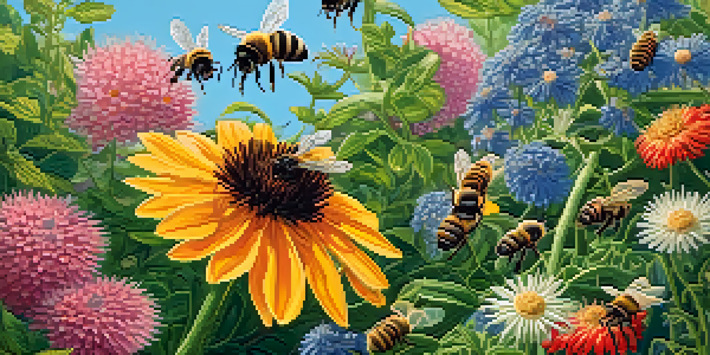 A colorful garden with flowering plants and bees gathering nectar under a clear blue sky.