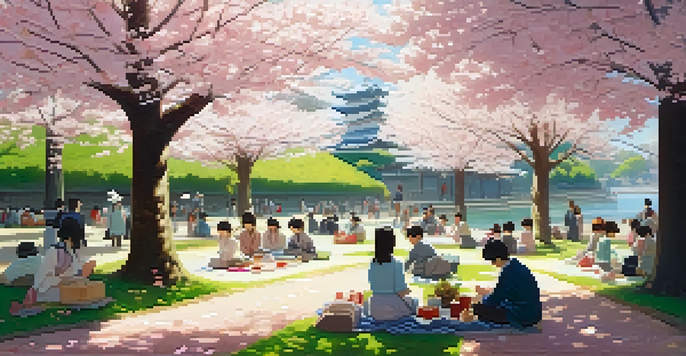 A tranquil park filled with blooming cherry blossom trees, where diverse groups of people are enjoying picnics on colorful blankets, surrounded by traditional Japanese foods.