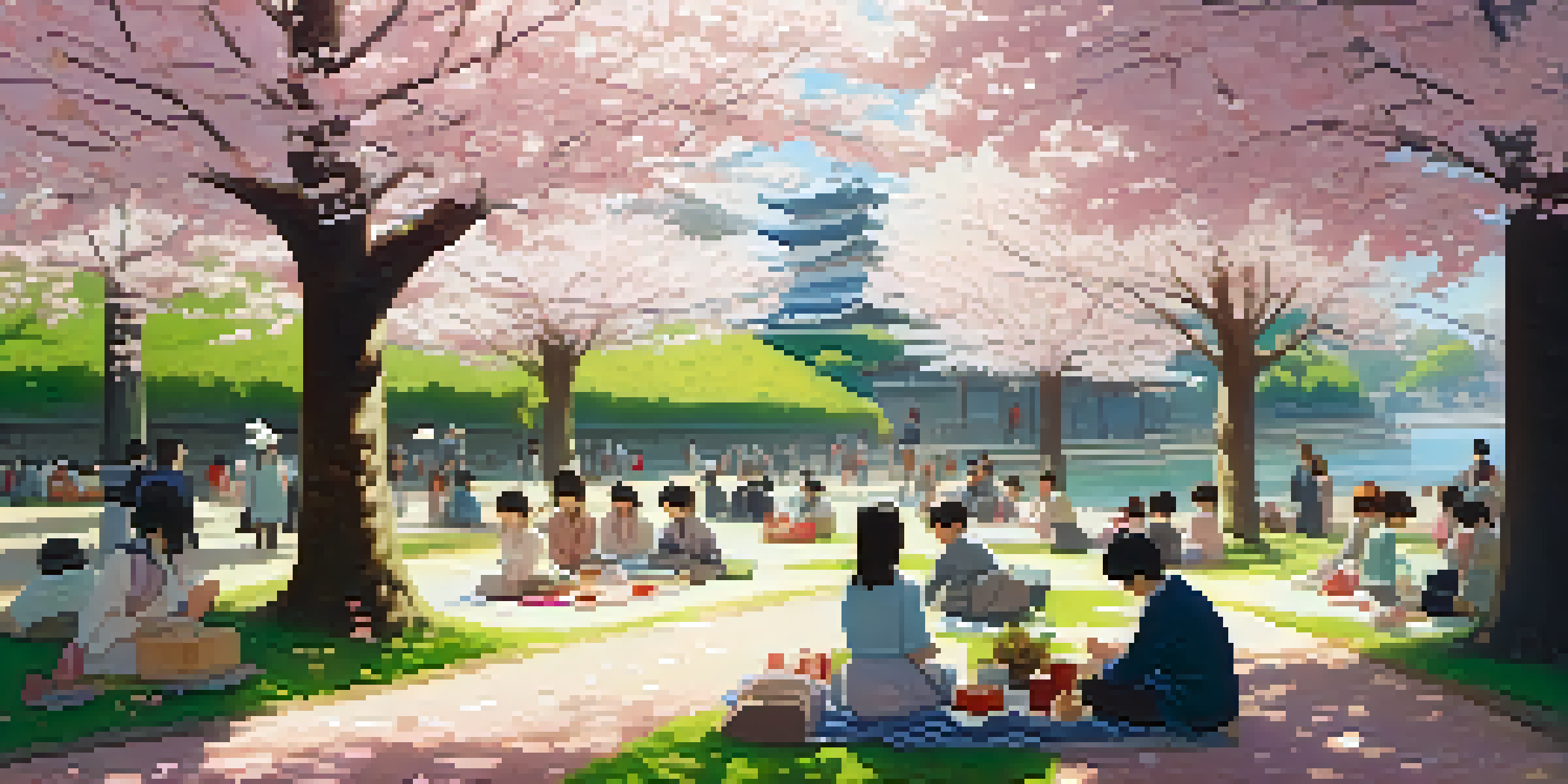 A tranquil park filled with blooming cherry blossom trees, where diverse groups of people are enjoying picnics on colorful blankets, surrounded by traditional Japanese foods.
