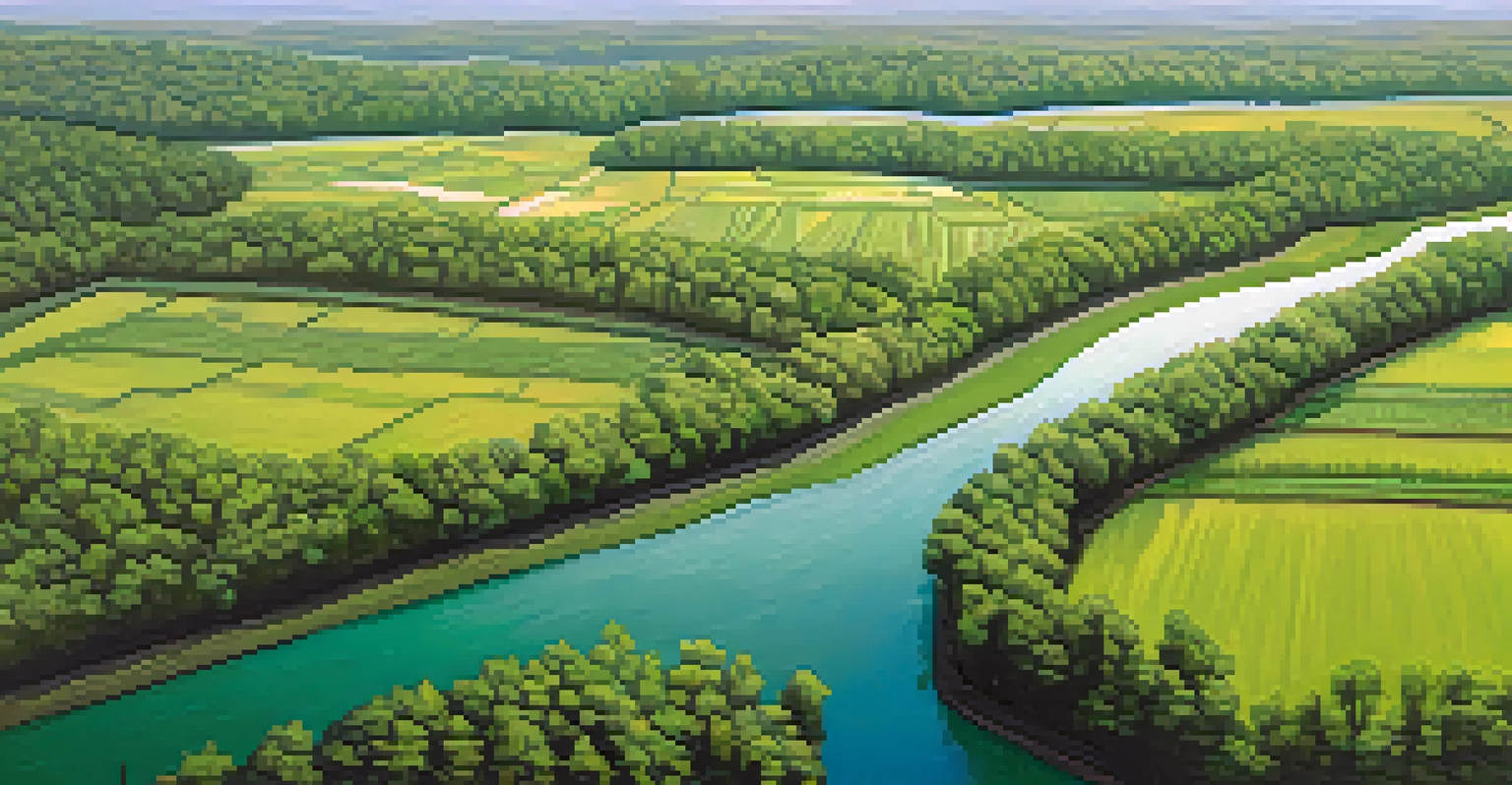 Aerial view of a reforestation project with rows of trees and a river meandering through the landscape.