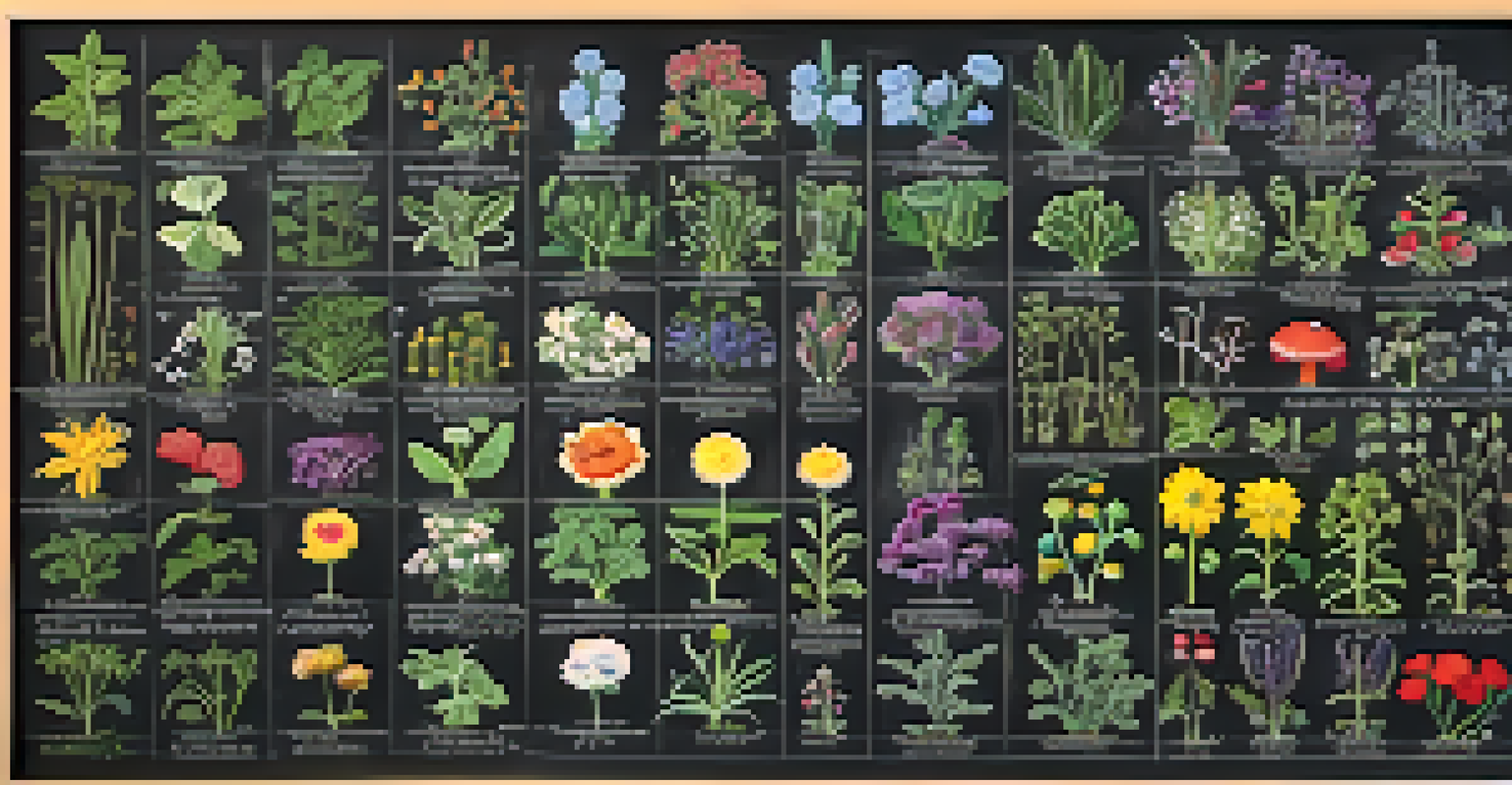 A chalkboard displaying a Punnett square diagram with illustrations of pea plants, representing genetic predictions in breeding.