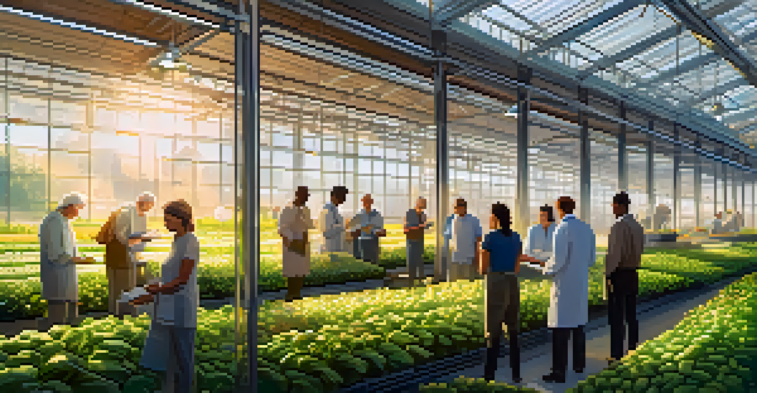 A diverse group of scientists and farmers working together in a bright greenhouse, discussing crops and genomic data.