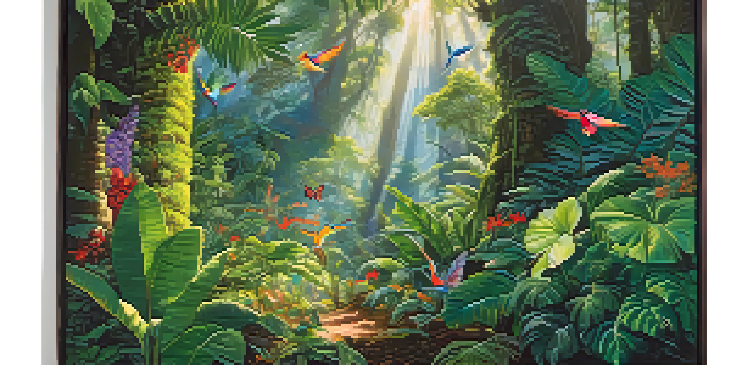 A colorful tropical rainforest filled with various plants, trees, and wildlife.