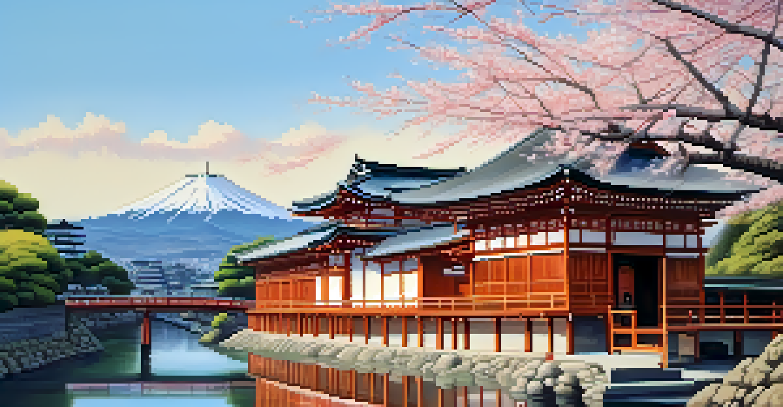 A beautiful landscape of Kyoto with historic temples surrounded by blooming cherry blossoms, bathed in warm morning light.