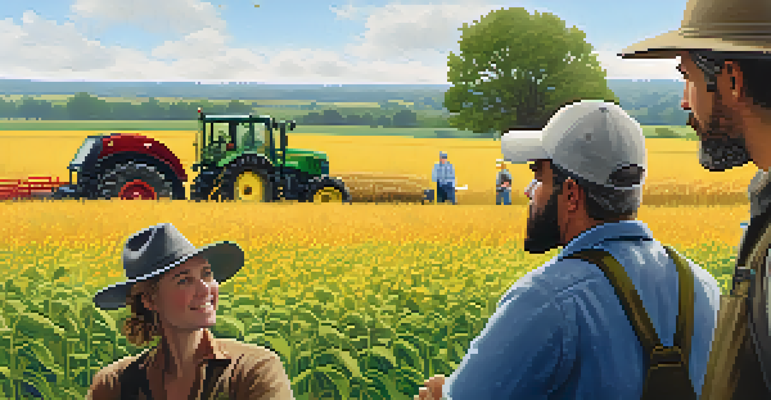 A farmer attending a workshop on cover crops, surrounded by educational posters and engaging in discussion with an agricultural expert.