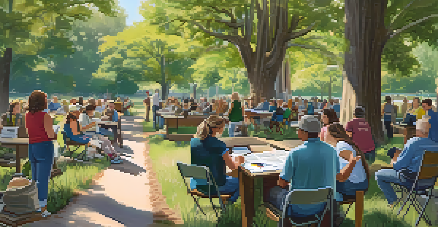 A community workshop in a park focused on native plants, with participants learning and examining plant samples under trees.