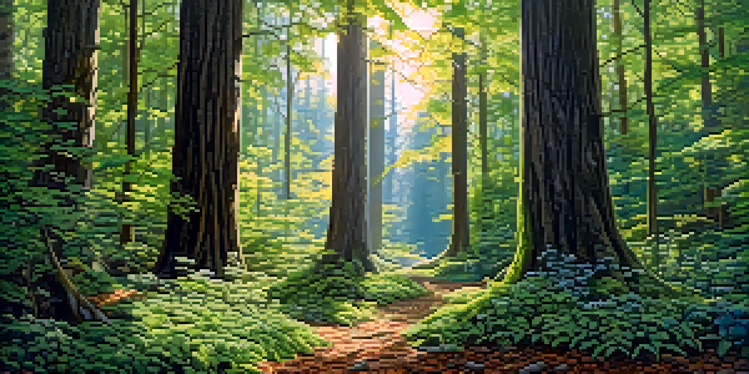 A colorful forest scene with tall trees, shrubs, flowers, and sunlight filtering through the leaves, illustrating diverse plant structures.