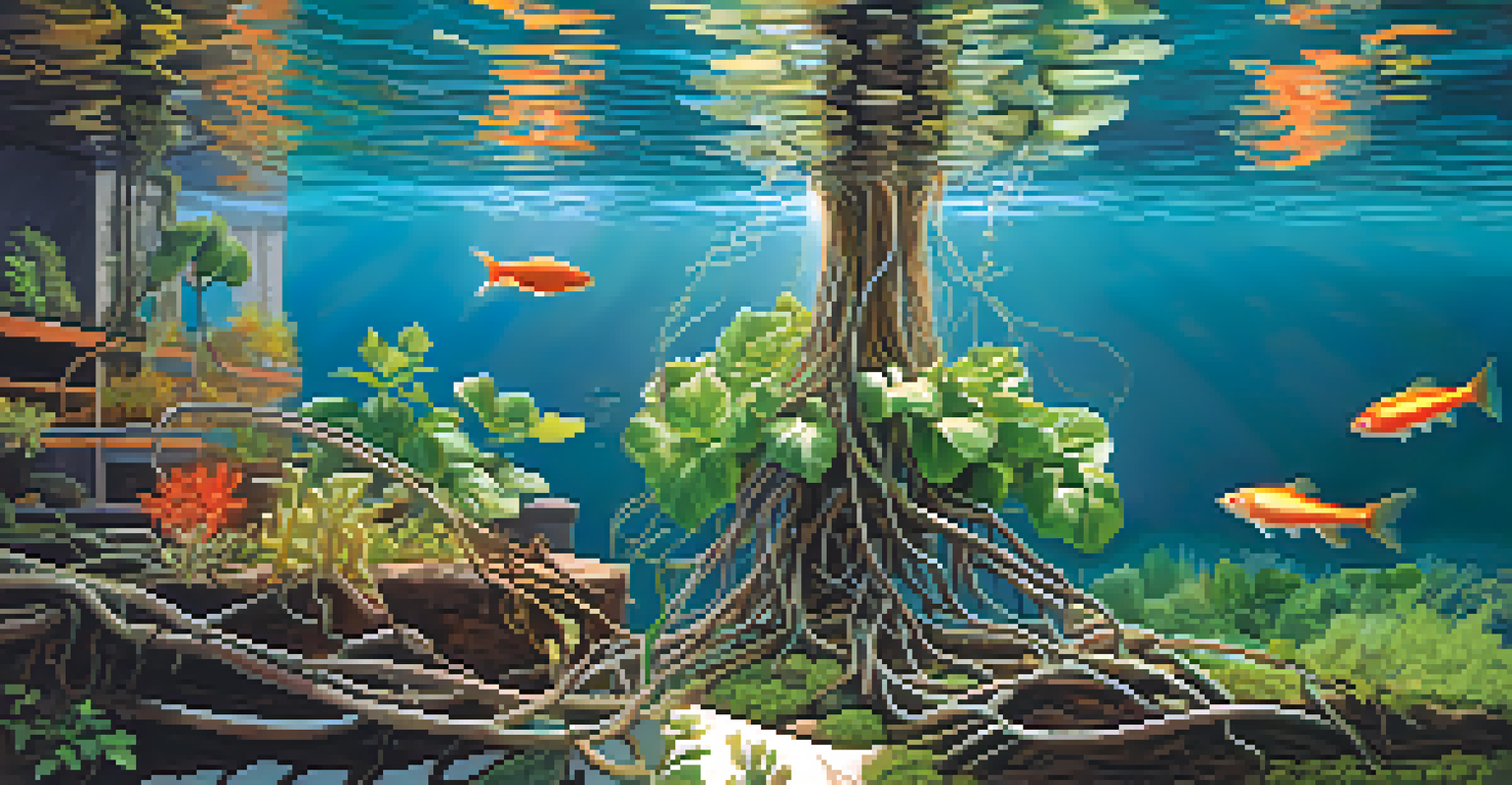 Close-up of plant roots in water with fish swimming around, showcasing the beauty of an aquaponics system.