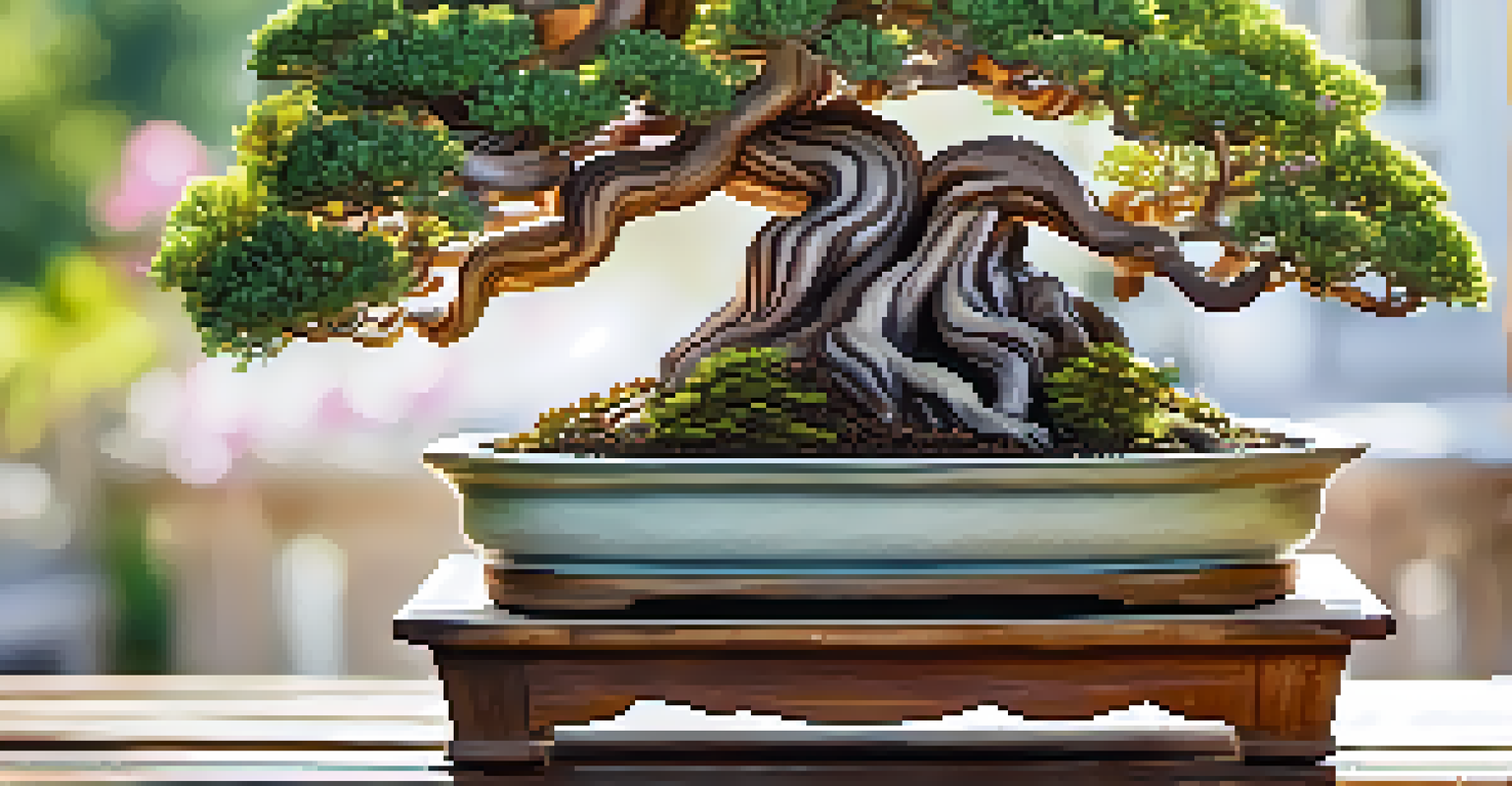 A Juniper bonsai tree on a wooden table in an outdoor setting, surrounded by flowers and greenery under bright sunlight.