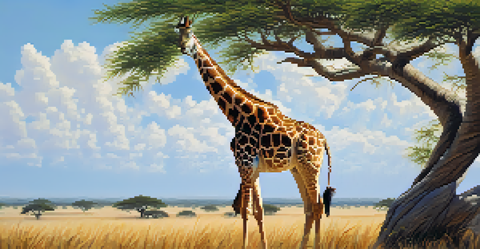 A giraffe reaching for acacia leaves, showcasing its unique fur texture and vibrant green foliage under a clear blue sky.
