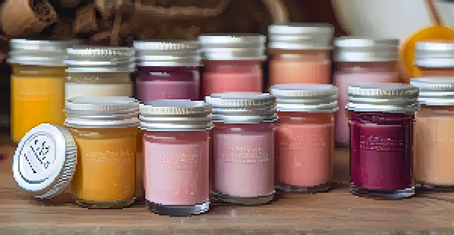 An artistic arrangement of small jars of homemade lip balm in various colors, with natural ingredients like beeswax and coconut oil surrounding them.