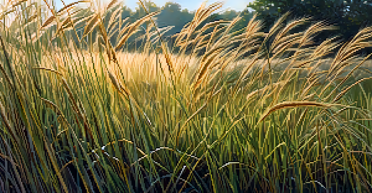 A close-up of native grasses showing their deep root systems in rich soil, swaying gently in the morning breeze.