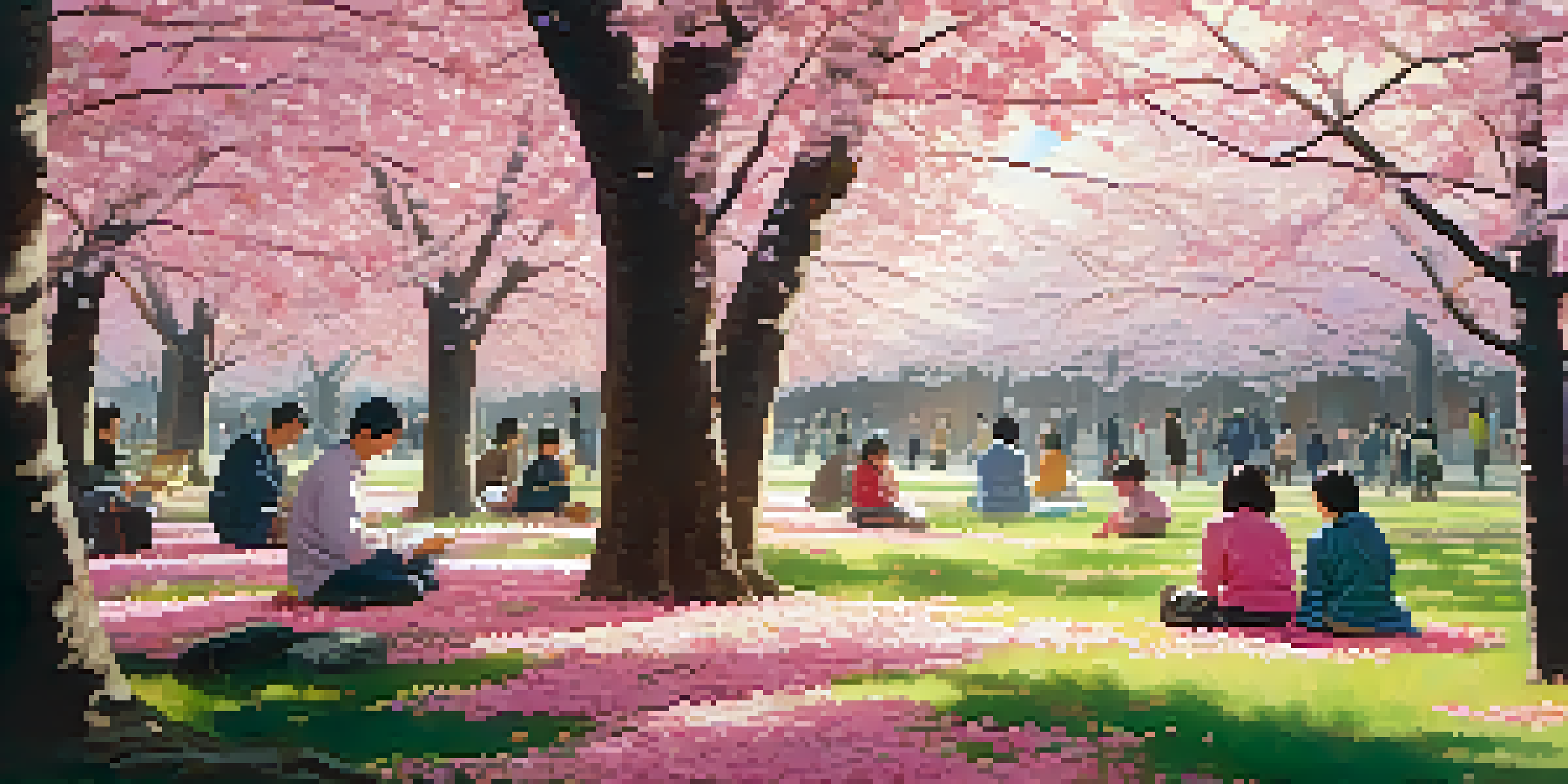 People sitting on picnic blankets under blooming cherry blossom trees, with soft sunlight filtering through the flowers and pink petals on the ground.
