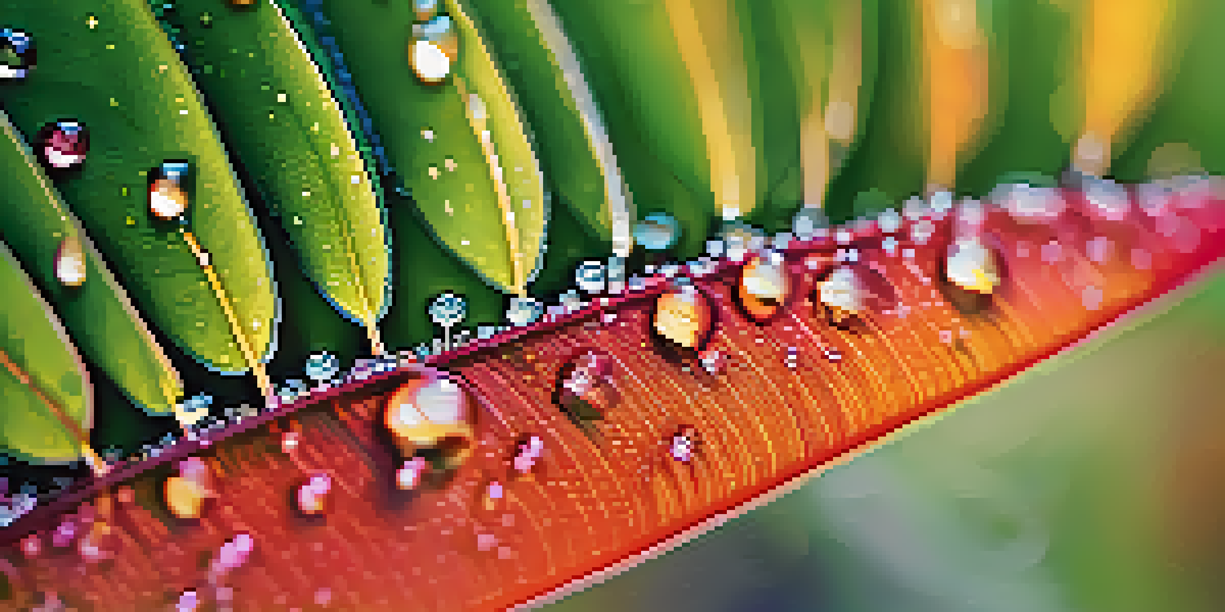 A detailed close-up of a colorful plant with dew drops, surrounded by a softly blurred garden background.