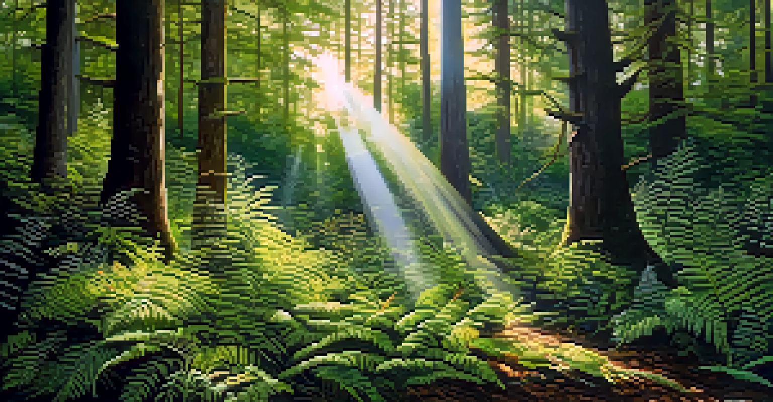 A dense forest with various tree species and sunlight filtering through the leaves, highlighting the undergrowth.