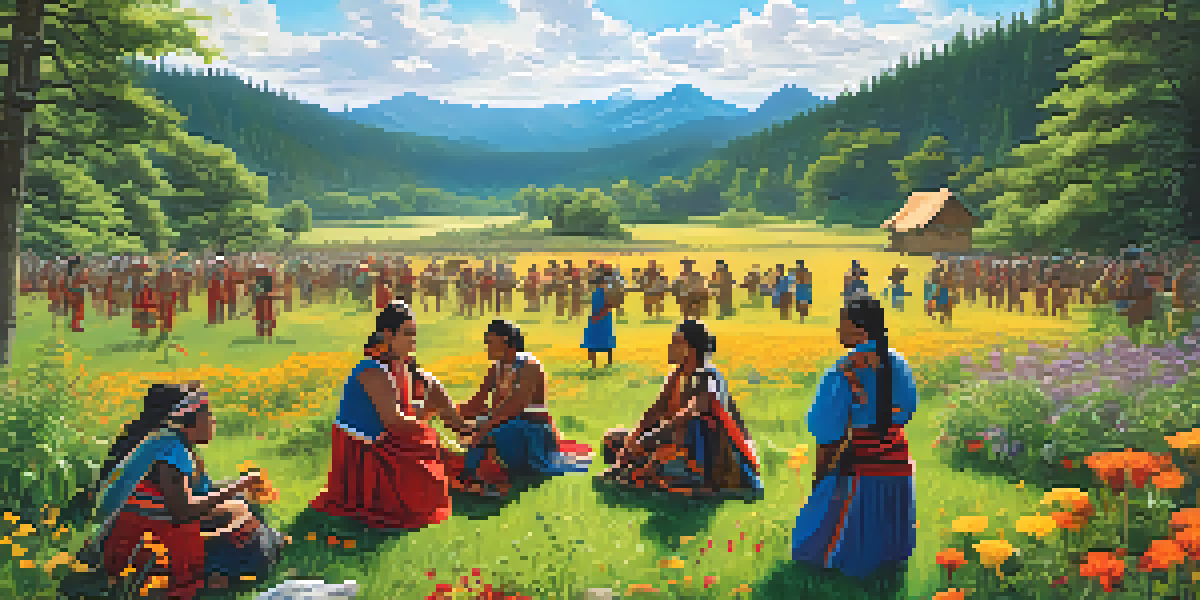 A sunny meadow with diverse indigenous plants and Indigenous people celebrating a seasonal gathering in traditional attire.