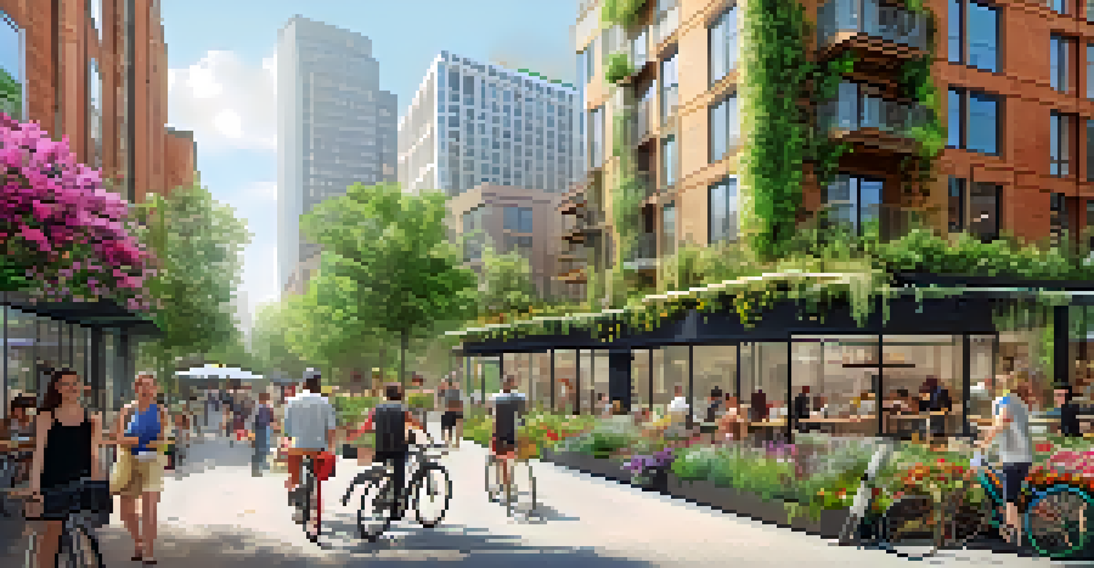 A vibrant city scene featuring buildings with green roofs and vertical gardens, with people enjoying outdoor activities amidst greenery.