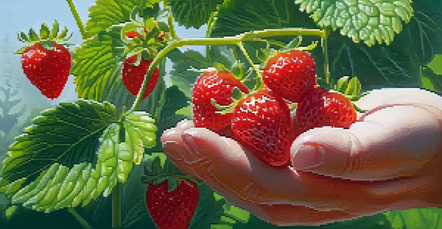 Close-up of ripe strawberries on green vines in a sunny garden.