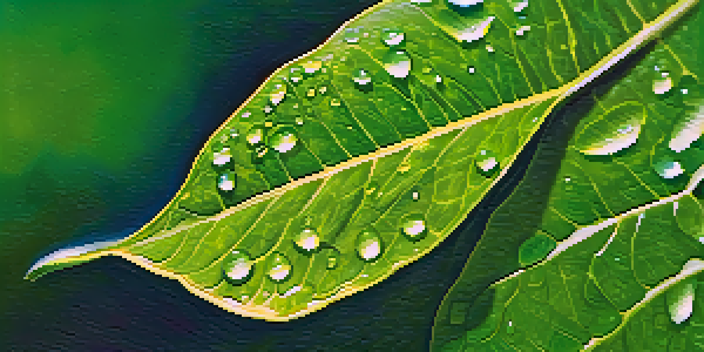 A close-up of a green leaf with water droplets, illuminated by sunlight, showing its texture and veins.