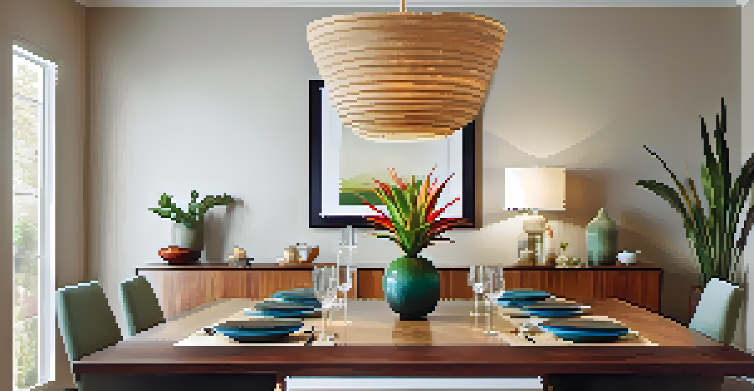 An elegant dining area with colorful bromeliads as a centerpiece on a wooden table, soft pendant lighting, and a backdrop of neutral walls and framed artwork.