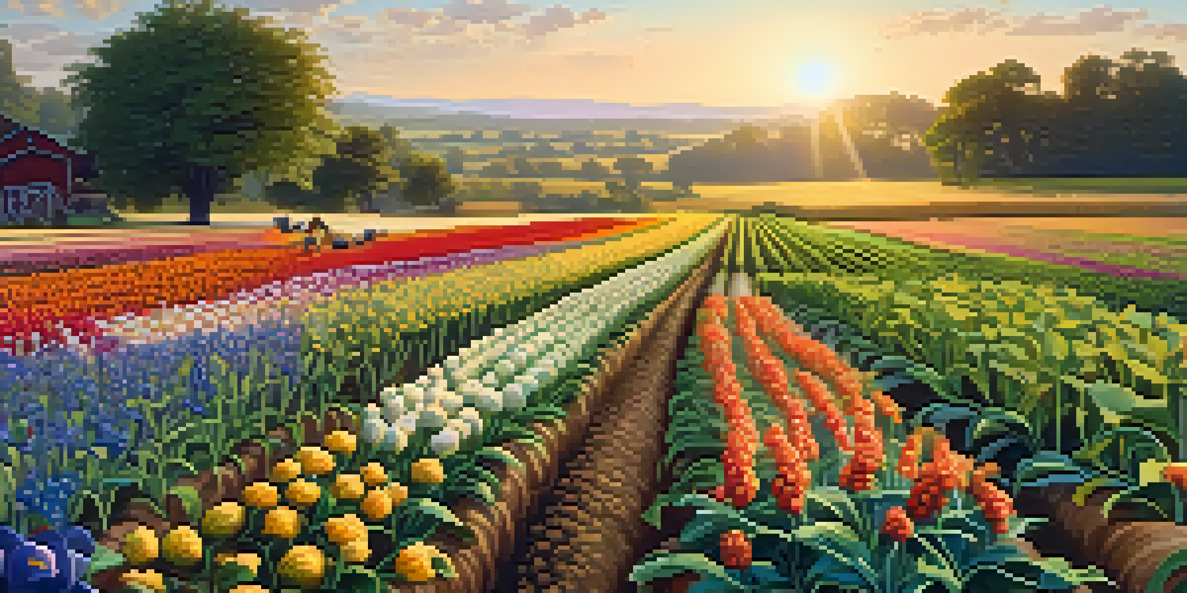 A colorful farm with a variety of crops and pollinators, illuminated by golden sunlight.