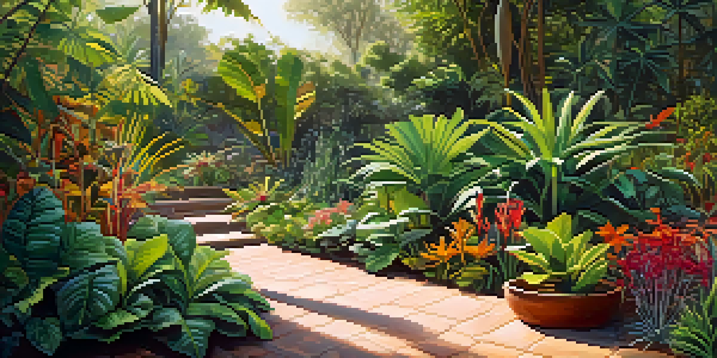 A colorful garden filled with diverse plants used by indigenous cultures, with sunlight filtering through the leaves.