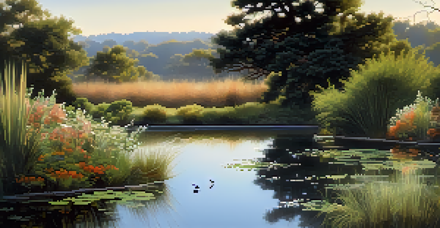 A peaceful landscape with native shrubs around a pond, birds perched and nesting.