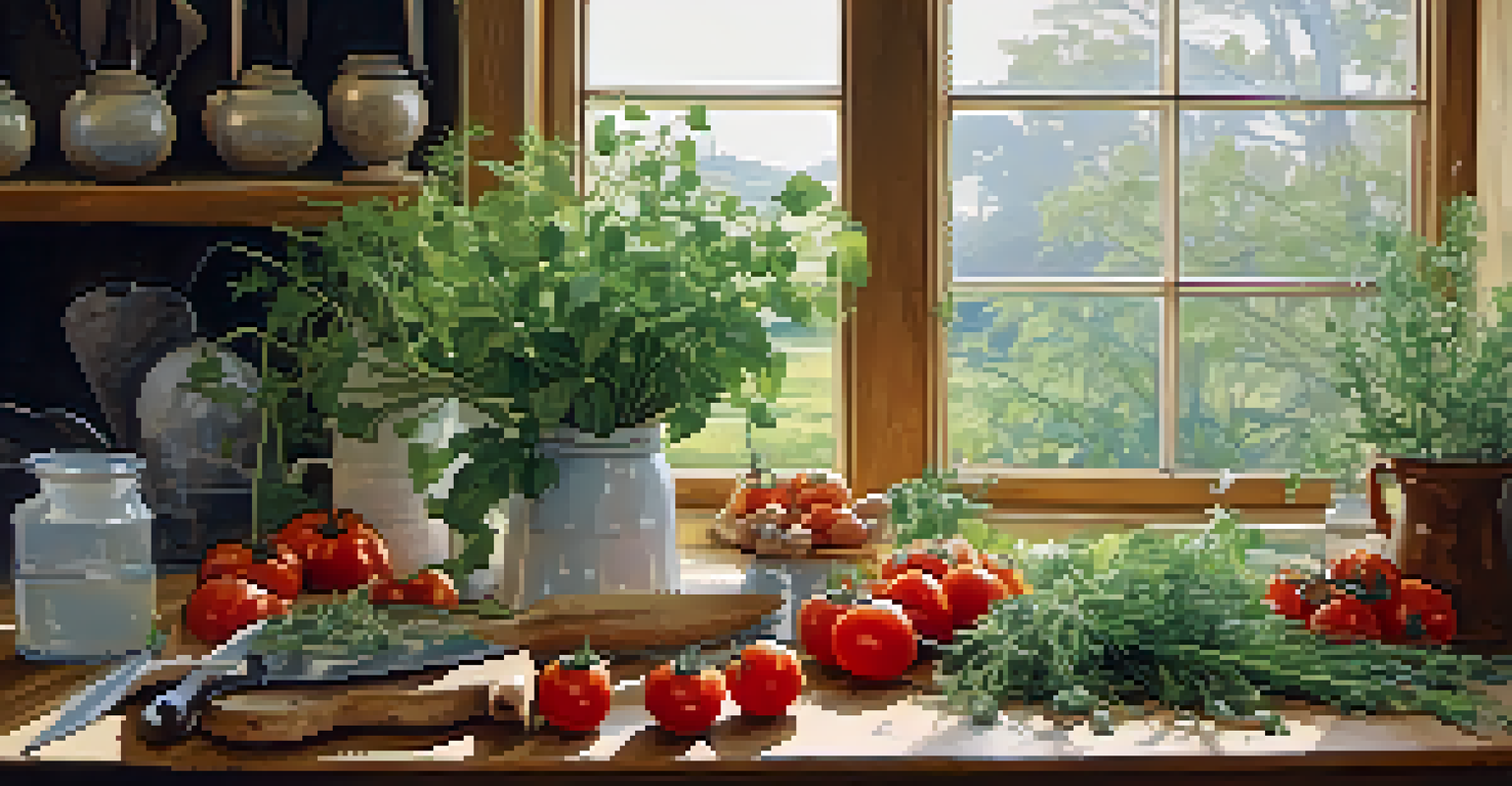 A rustic kitchen table displaying a mix of wild and cultivated plants, with herbs and tomatoes, illuminated by natural light.