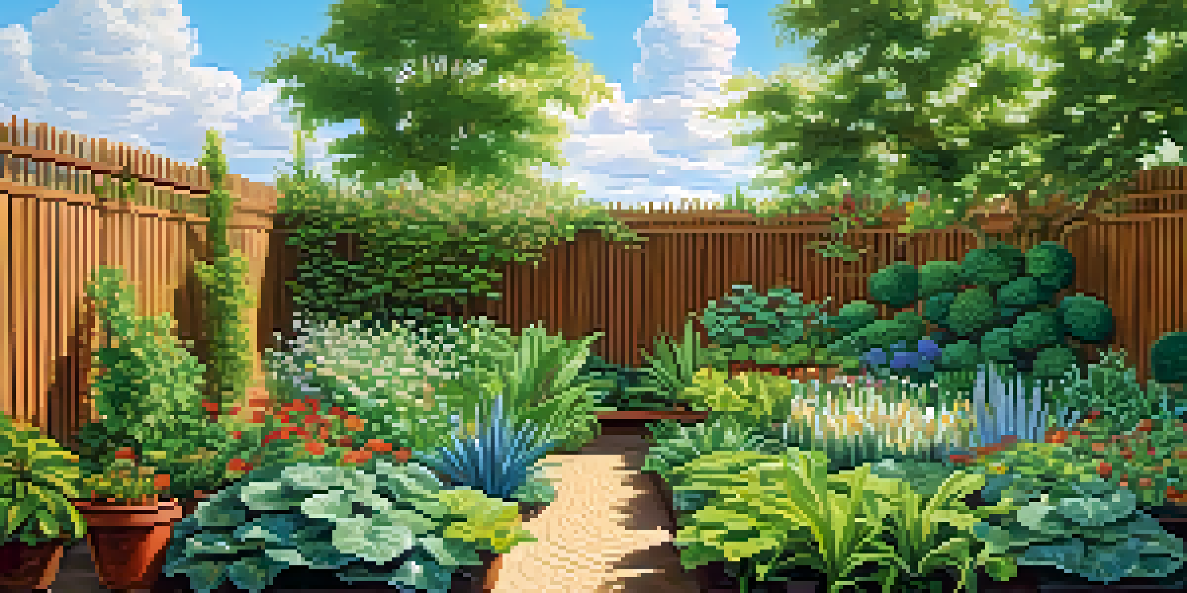 A sunny garden with various green plants being watered by a soaker hose, under a blue sky with clouds.