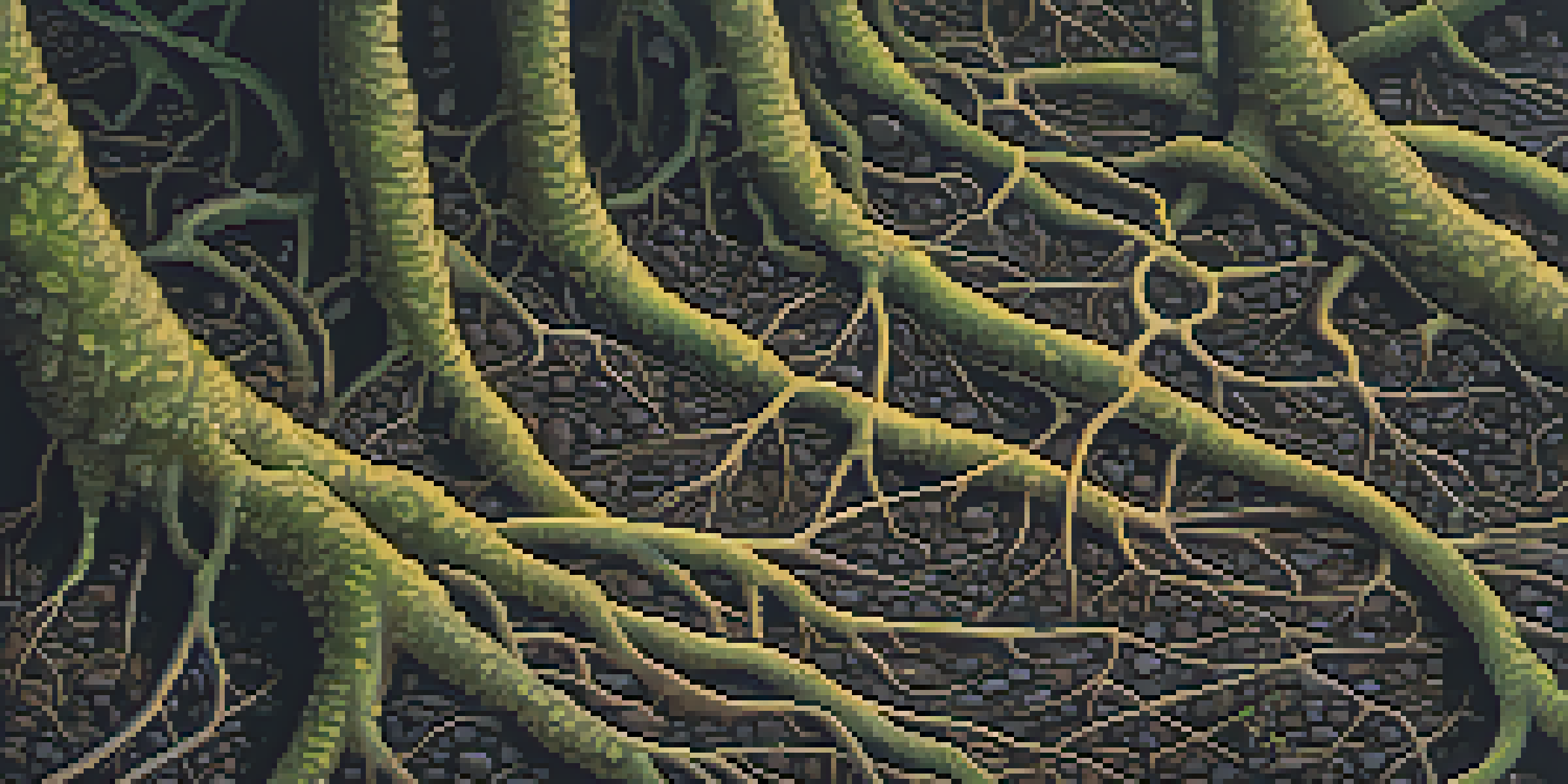 A close-up view of mycorrhizal fungi intertwined with plant roots in rich soil, illuminated by soft sunlight.