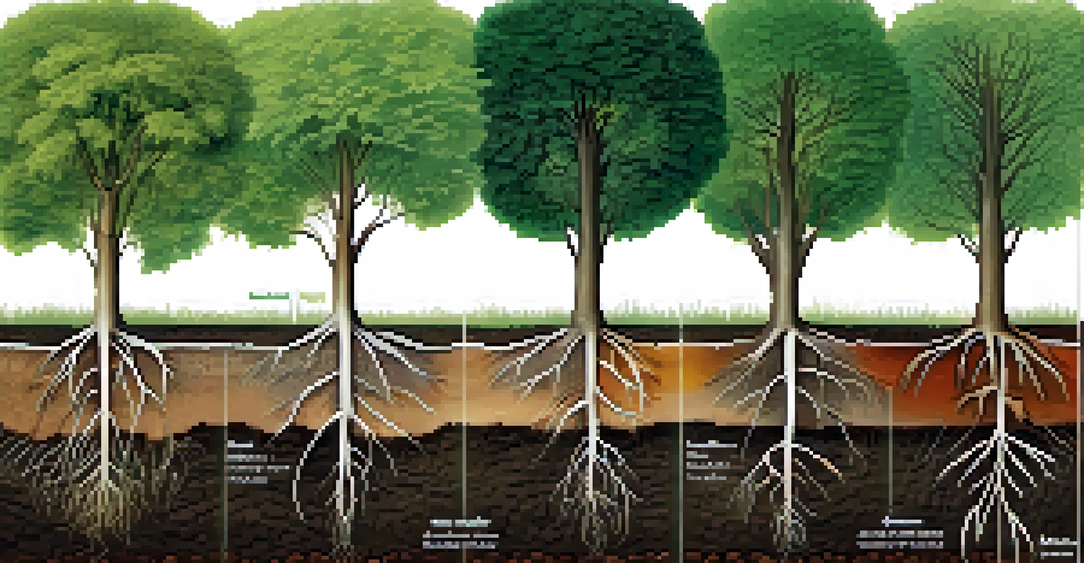 An illustration of different root types in a soil cross-section, highlighting their roles in preventing erosion.