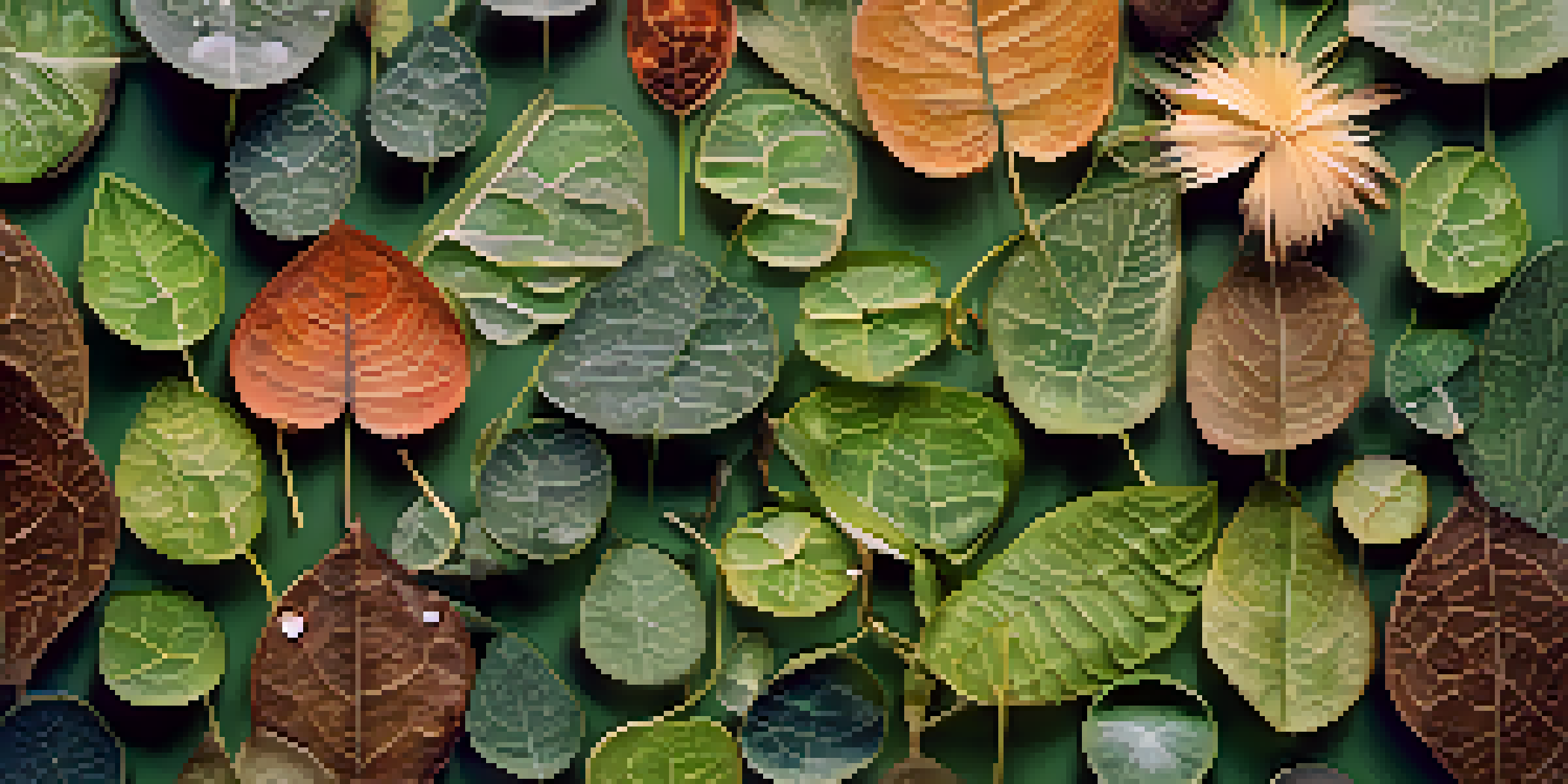 A circular arrangement of various plant species with different leaf shapes and colors, set against a soft green and brown background.