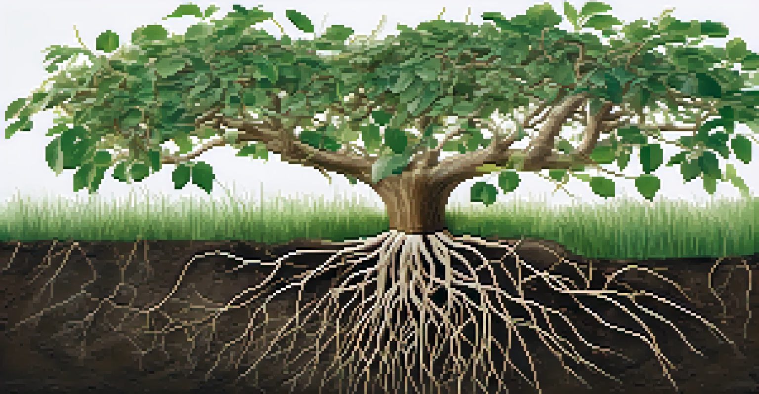 An artistic view of a plant's root system within soil, highlighting the roots and earthy textures.