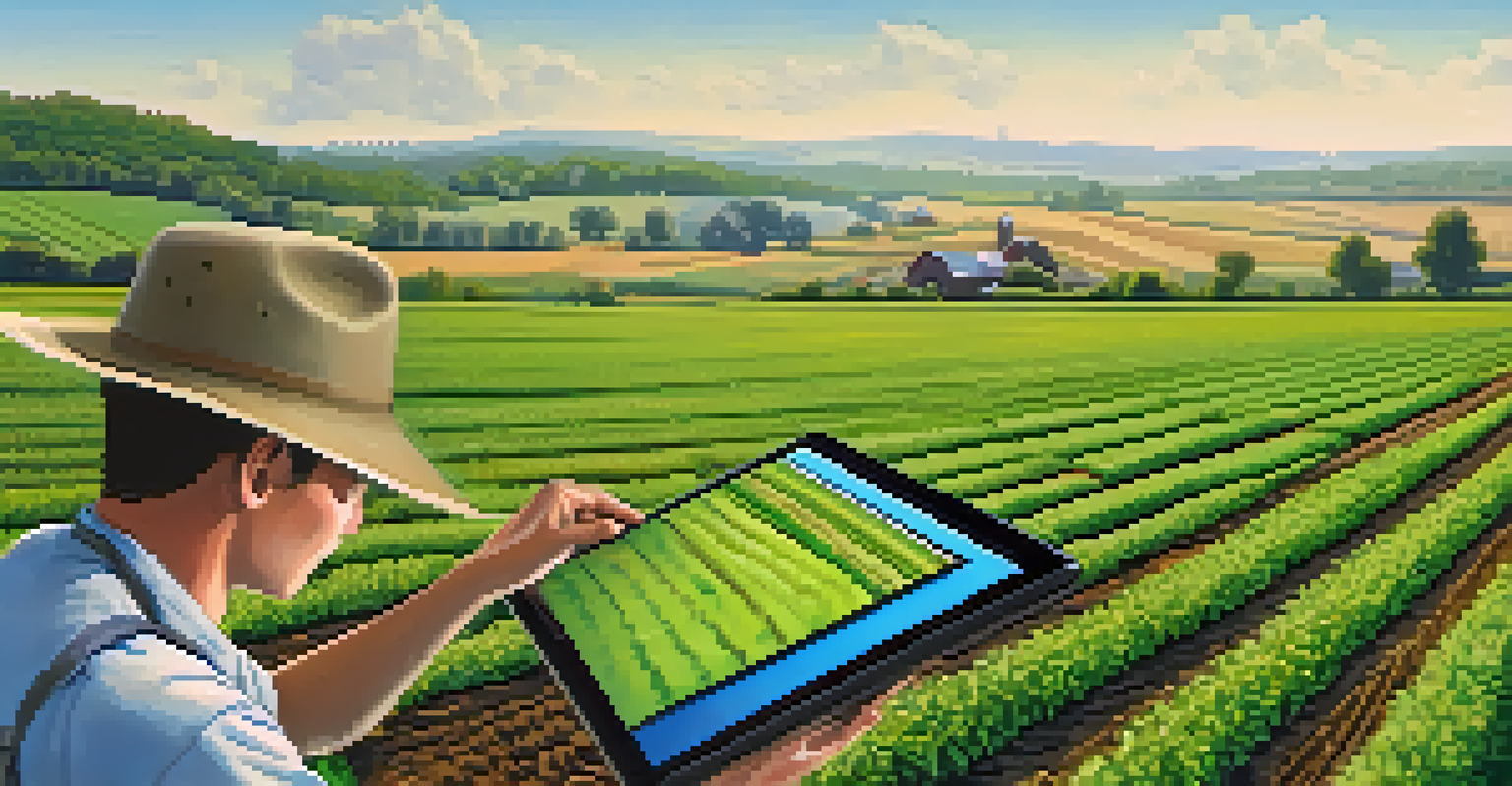 A farmer using a tablet in a field, surrounded by crops and precision agriculture technology.