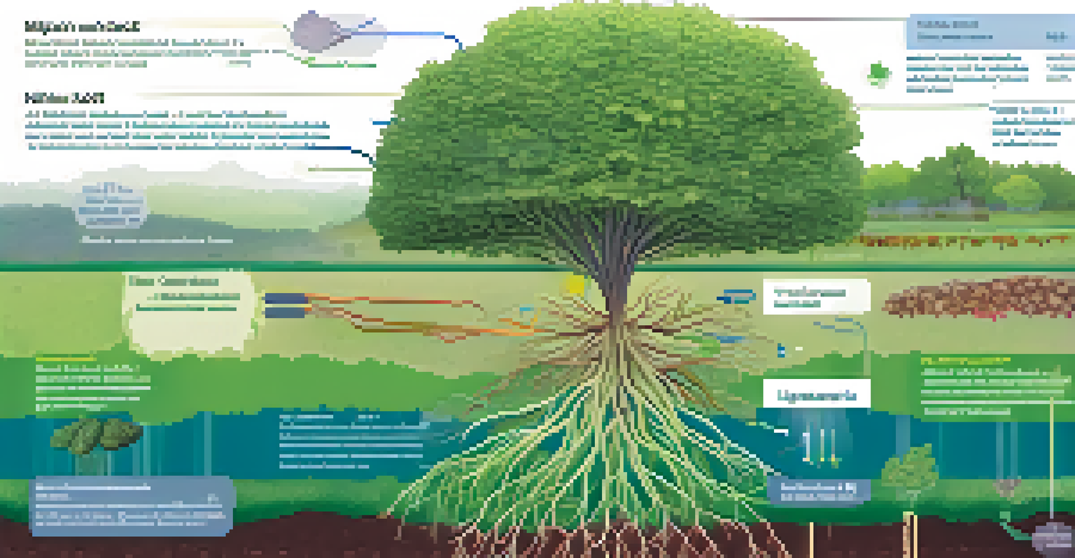 An infographic depicting nitrogen fixation with a diagram of a legume's root system and nitrogen-fixing bacteria.