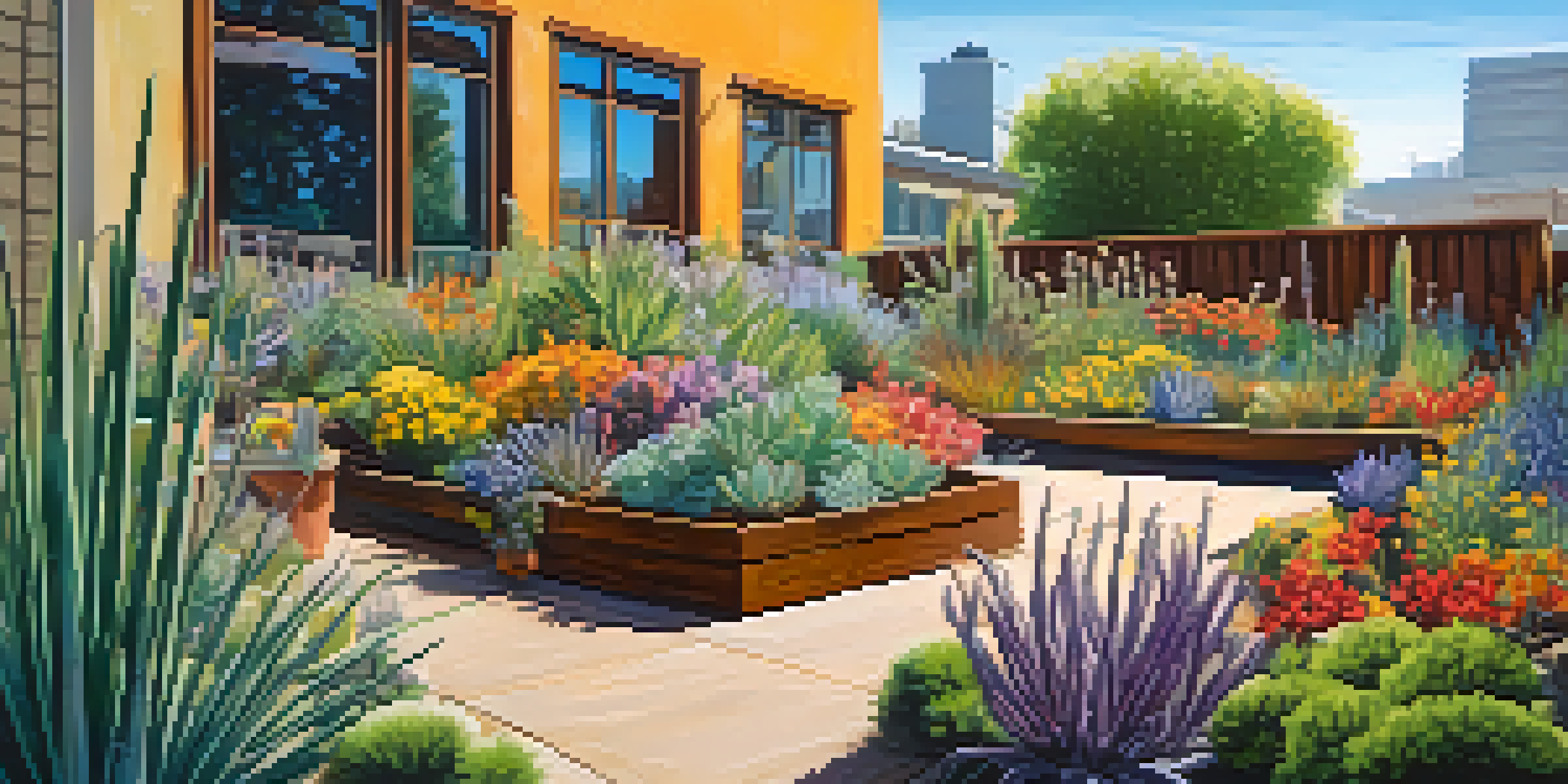 A colorful urban garden featuring heat-tolerant plants such as succulents and lavender, with a wooden seating area and butterflies.